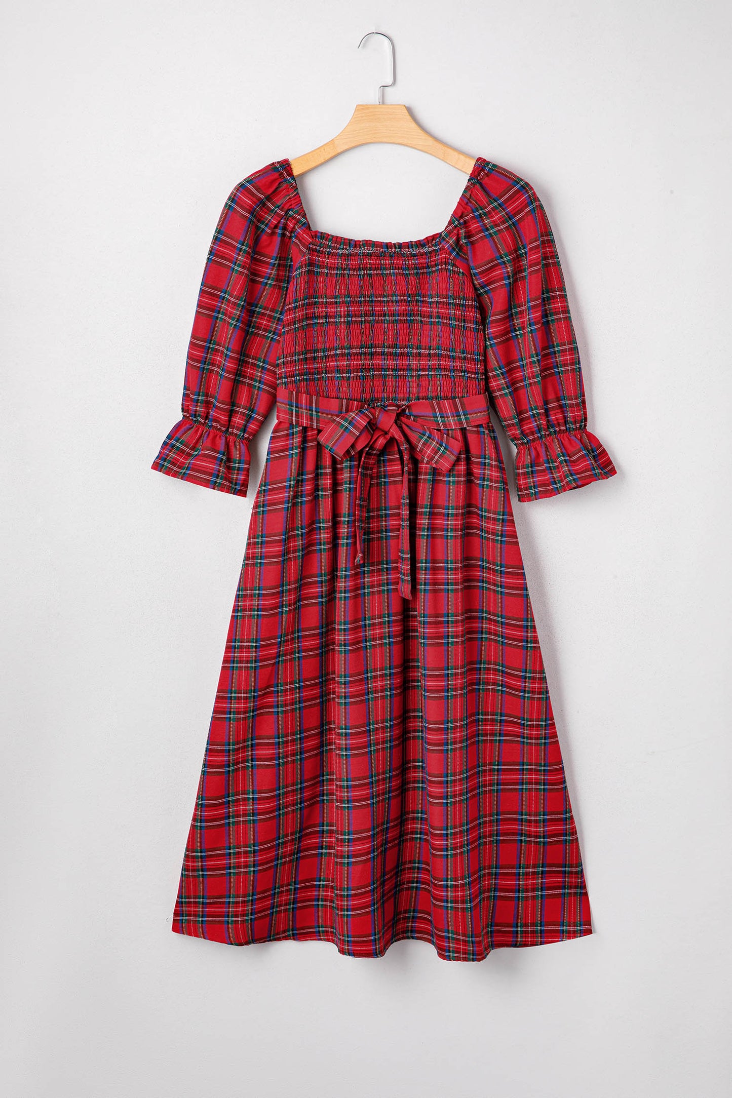 Red Tartan Plaid Square Neck Puff Sleeve Knot Waist Flared Midi Dress-TOPS / DRESSES-[Adult]-[Female]-2022 Online Blue Zone Planet