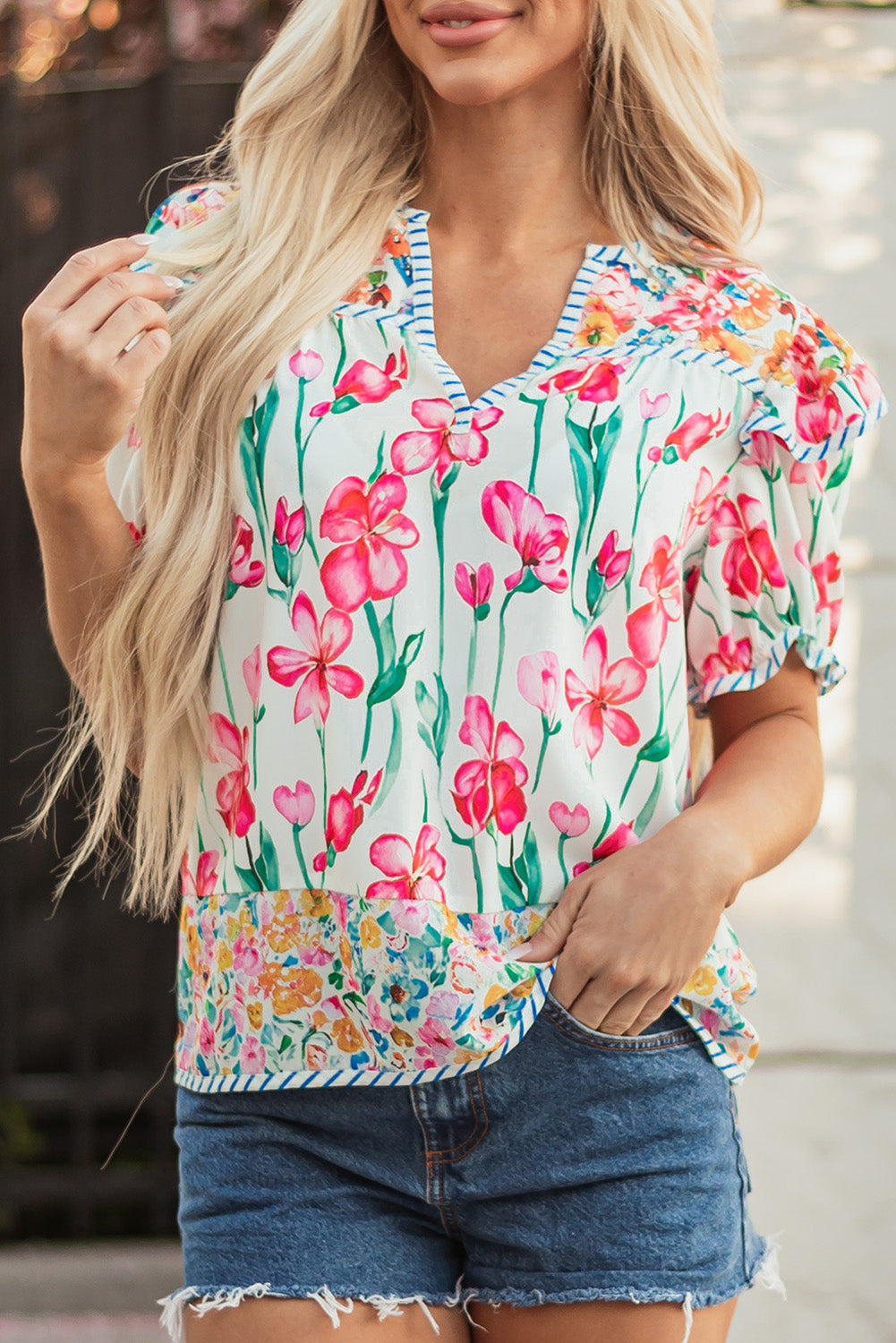 Pink Floral Print Striped Detail Split Neck Short Sleeve Blouse-Tops/Blouses & Shirts-[Adult]-[Female]-2022 Online Blue Zone Planet