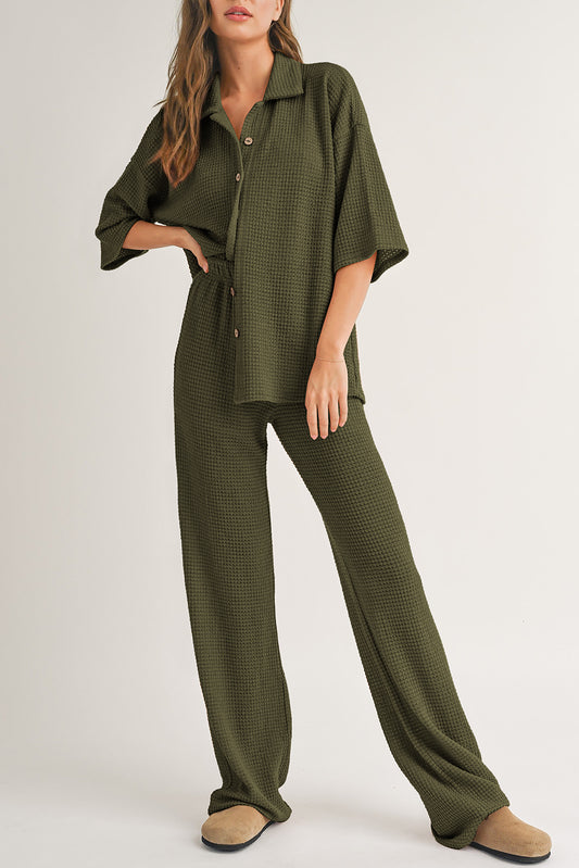 Four Leaf Clover Solid Color Textured Buttoned Shirt and Casual Pants Set-Two Piece Sets/Pant Sets-[Adult]-[Female]-Four Leaf Clover-S-2022 Online Blue Zone Planet