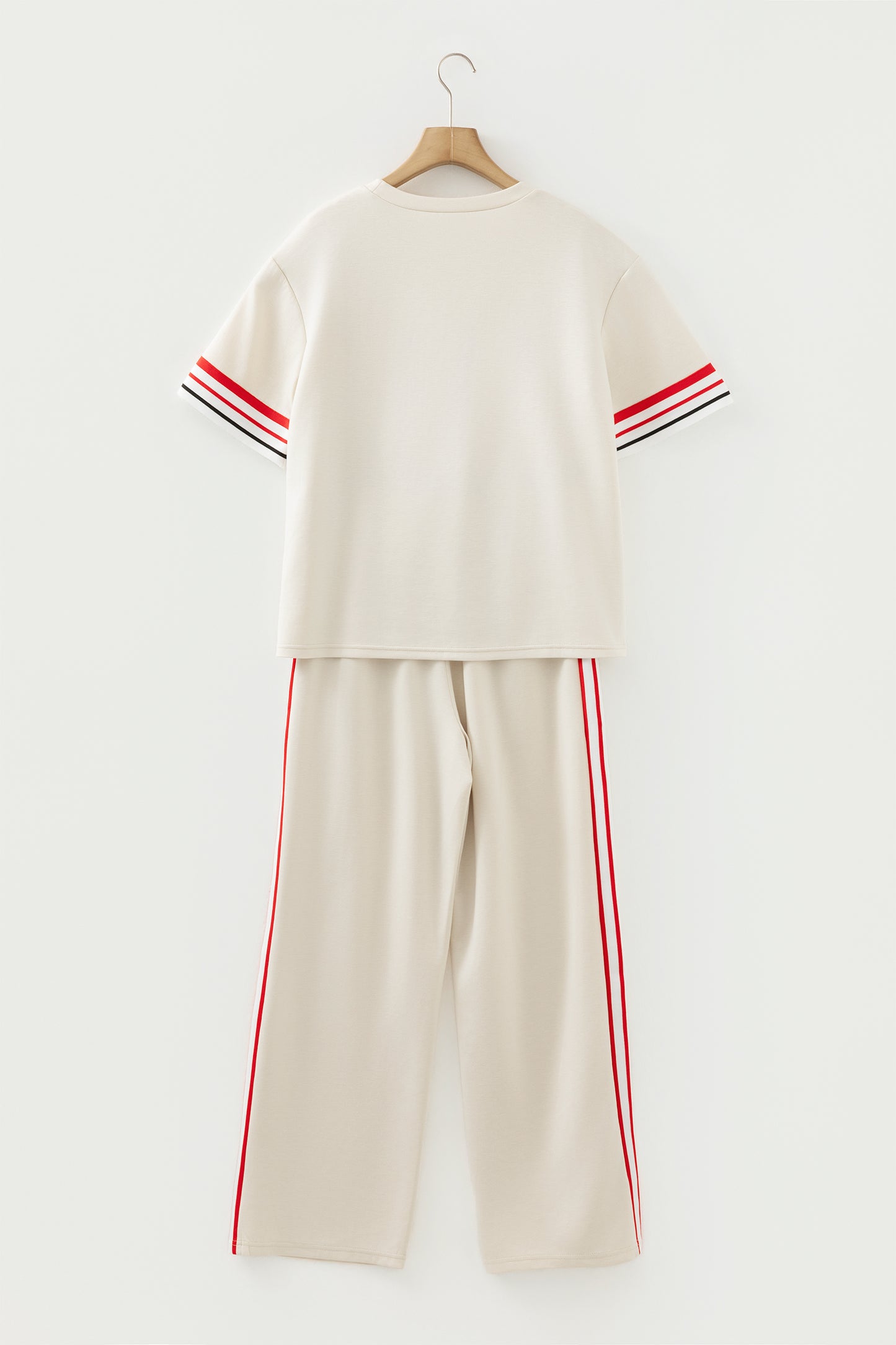 Jet Stream Contrast Striped Trim Crewneck T Shirt Loose Straight Pants Set-Two Piece Sets/Pant Sets-[Adult]-[Female]-2022 Online Blue Zone Planet
