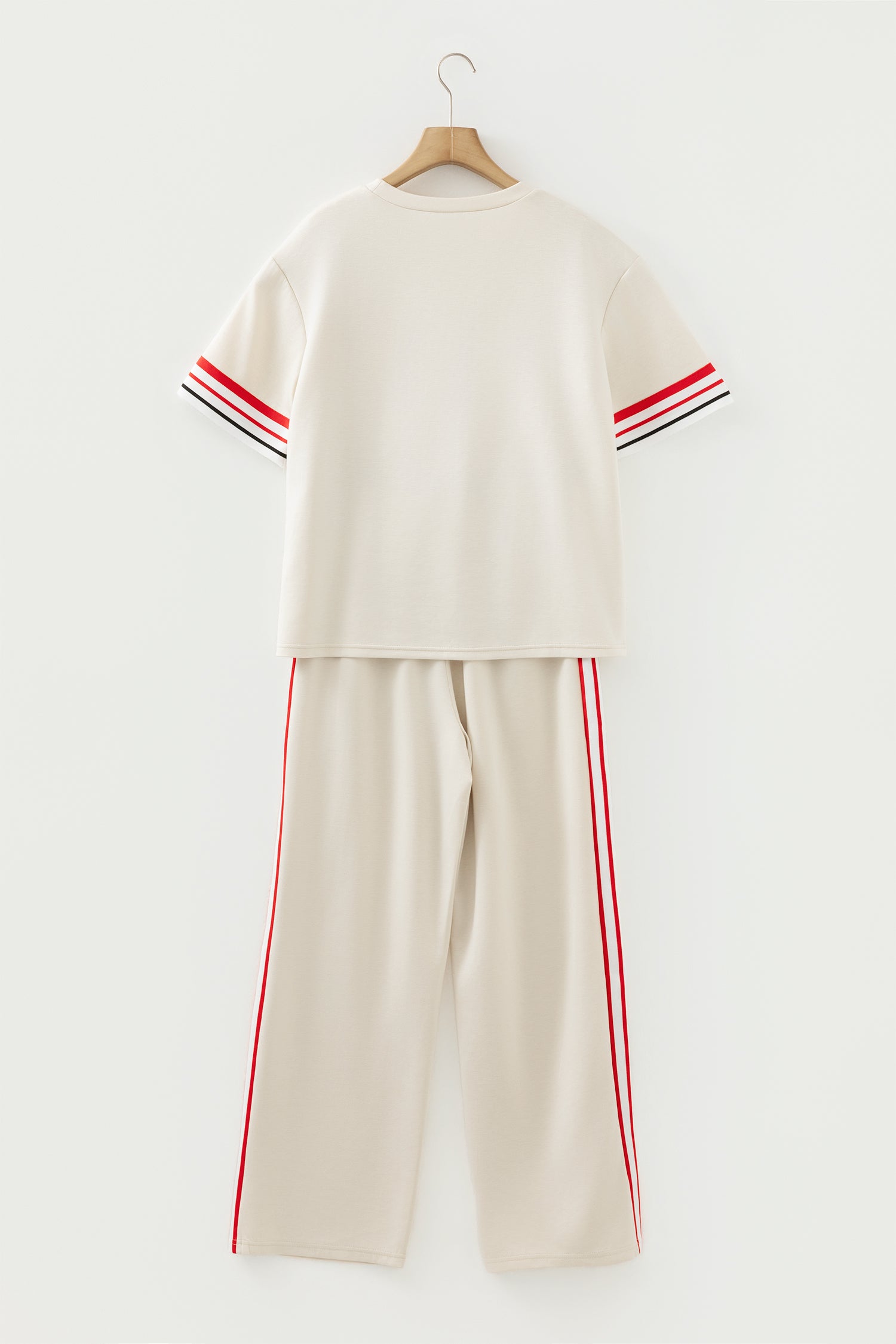 Jet Stream Contrast Striped Trim Crewneck T Shirt Loose Straight Pants Set-Two Piece Sets/Pant Sets-[Adult]-[Female]-2022 Online Blue Zone Planet