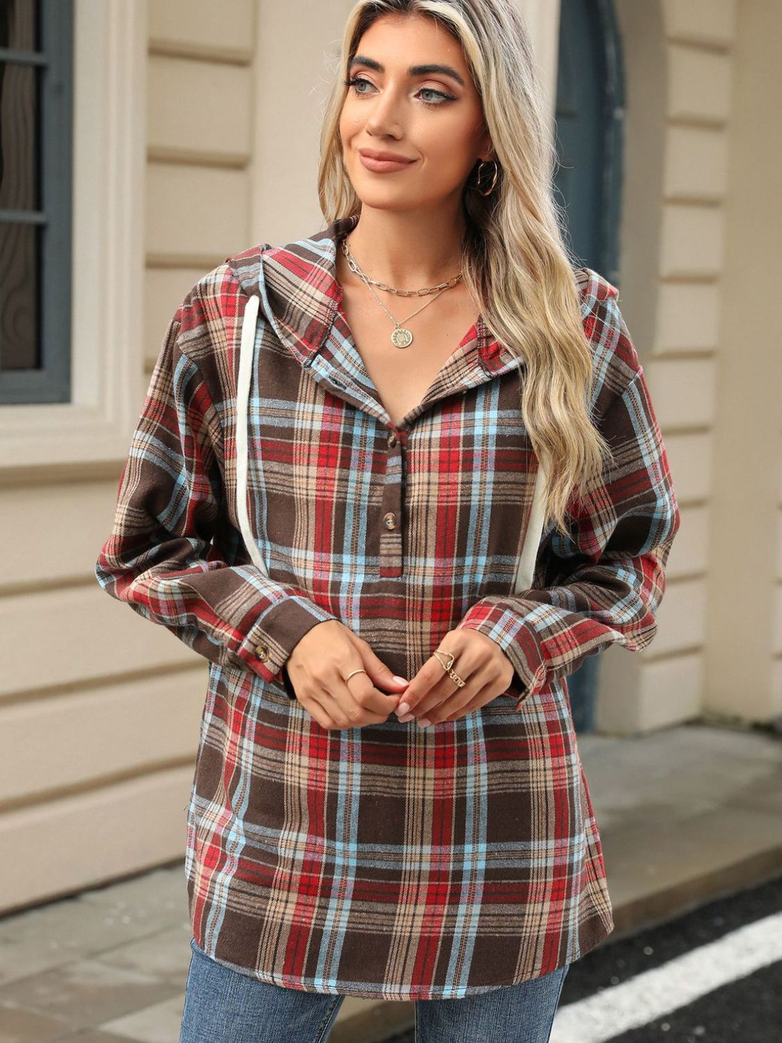 Blue Zone Planet | Drawstring Plaid Hooded Long Sleeve Top-TOPS / DRESSES-[Adult]-[Female]-2022 Online Blue Zone Planet