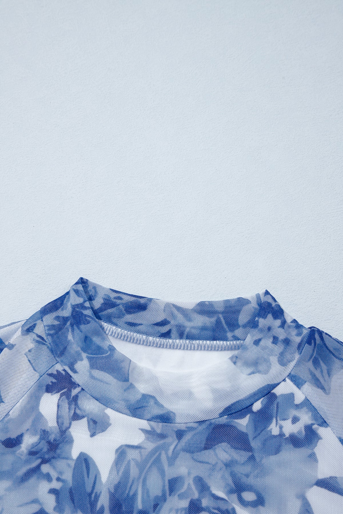 Sky Blue Floral Print Long Sleeve Stand Neck Mesh Top-Tops/Long Sleeve Tops-[Adult]-[Female]-2022 Online Blue Zone Planet