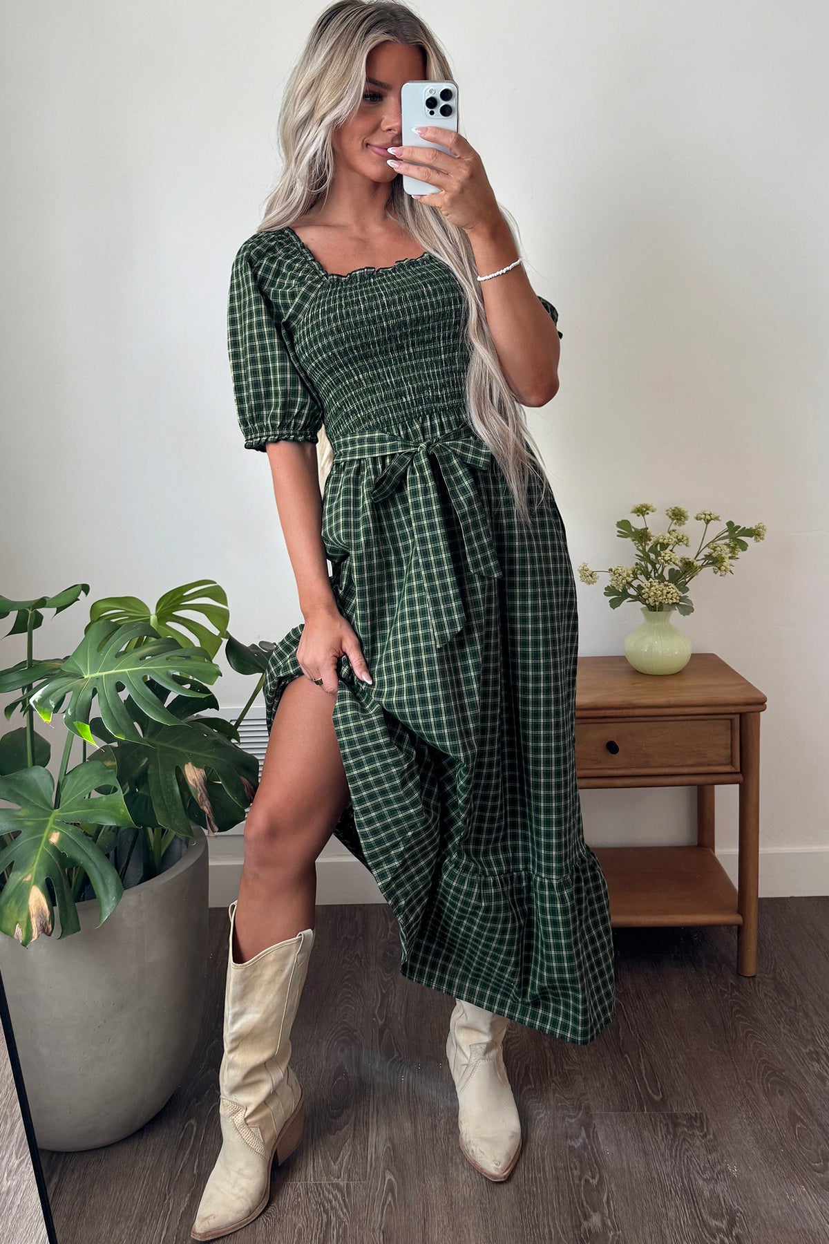 Green Plaid Square Neck Shirred High Waist Ruffle Hem Dress-TOPS / DRESSES-[Adult]-[Female]-2022 Online Blue Zone Planet