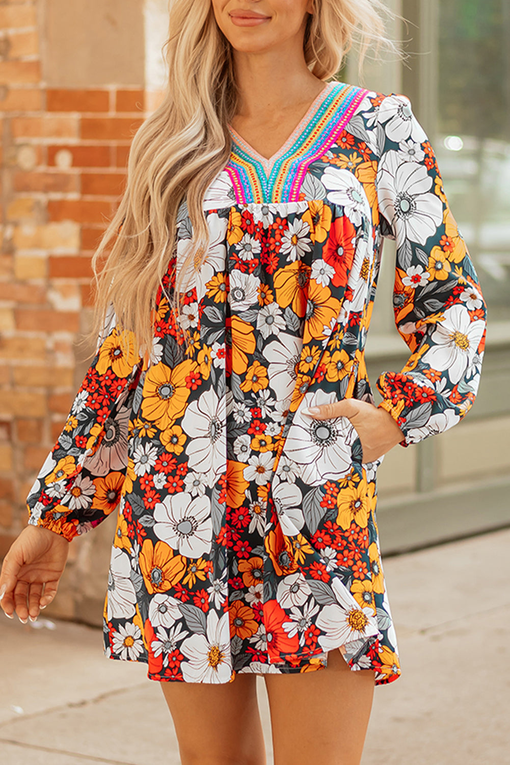 Orange Floral Print Striped Lace V Neck Long Sleeve Mini Dress-TOPS / DRESSES-[Adult]-[Female]-2022 Online Blue Zone Planet