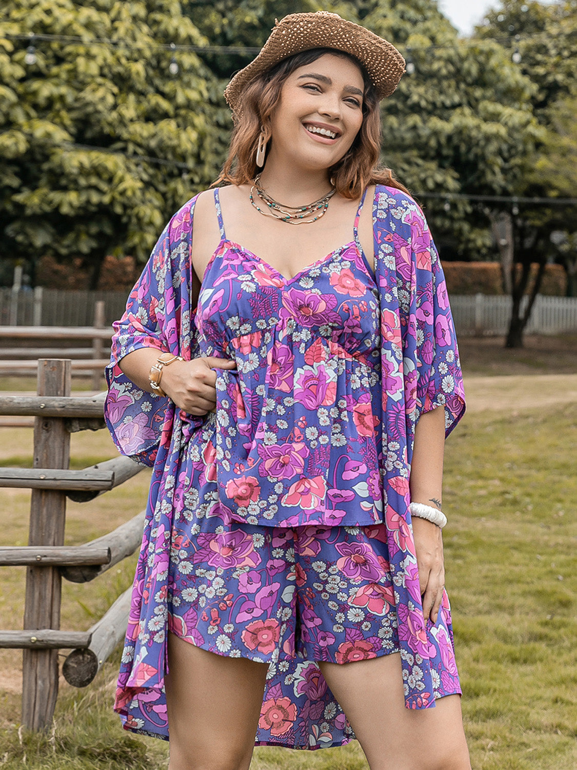 Blue Zone Planet | Plus Size Printed Cami, Open Front Cover Up and Shorts Set-TOPS / DRESSES-[Adult]-[Female]-Vivid Violet-0XL-2022 Online Blue Zone Planet