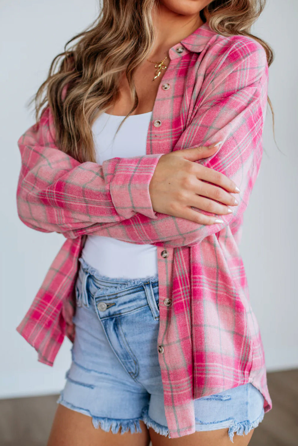 Sachet Pink Plaid Print Rounded Hem Long Sleeve Shirt with Pockets-Tops/Blouses & Shirts-[Adult]-[Female]-Sachet Pink-S-2022 Online Blue Zone Planet