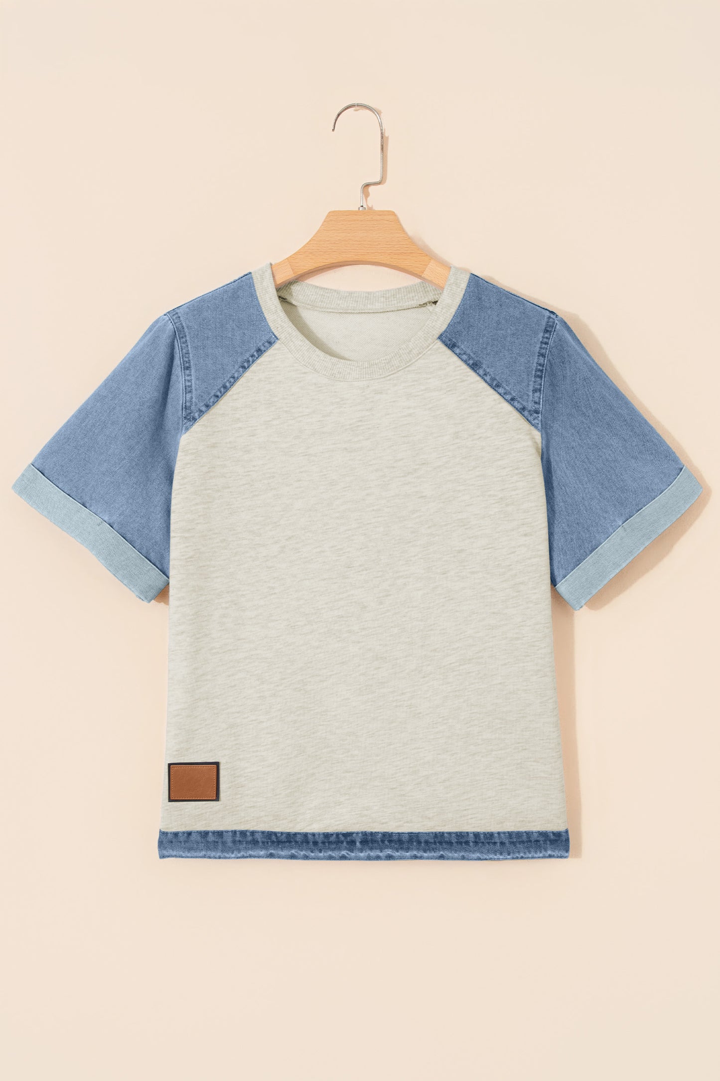 Beige Denim Color Block Patchwork Round Neck Tee-Tops/Tops & Tees-[Adult]-[Female]-2022 Online Blue Zone Planet
