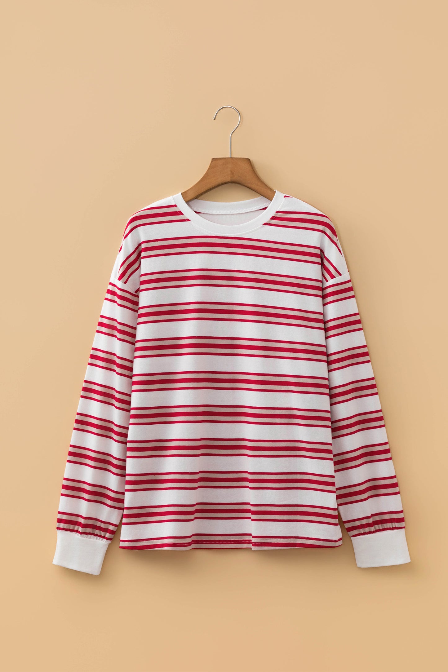 Red Stripe Dropped Shoulder Long Sleeve Casual Pullover Top-Tops/Long Sleeve Tops-[Adult]-[Female]-2022 Online Blue Zone Planet