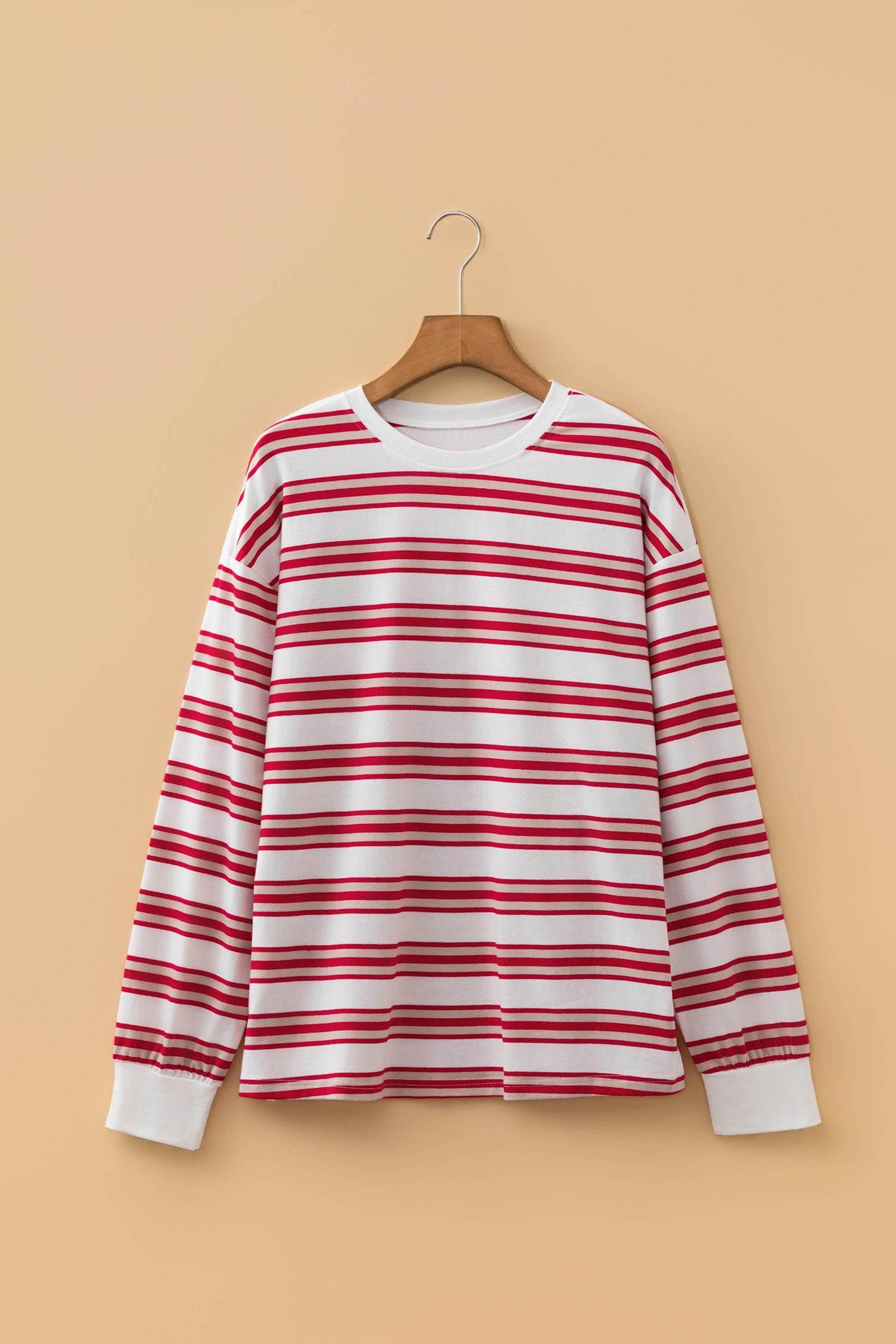 Red Stripe Dropped Shoulder Long Sleeve Casual Pullover Top-Tops/Long Sleeve Tops-[Adult]-[Female]-2022 Online Blue Zone Planet