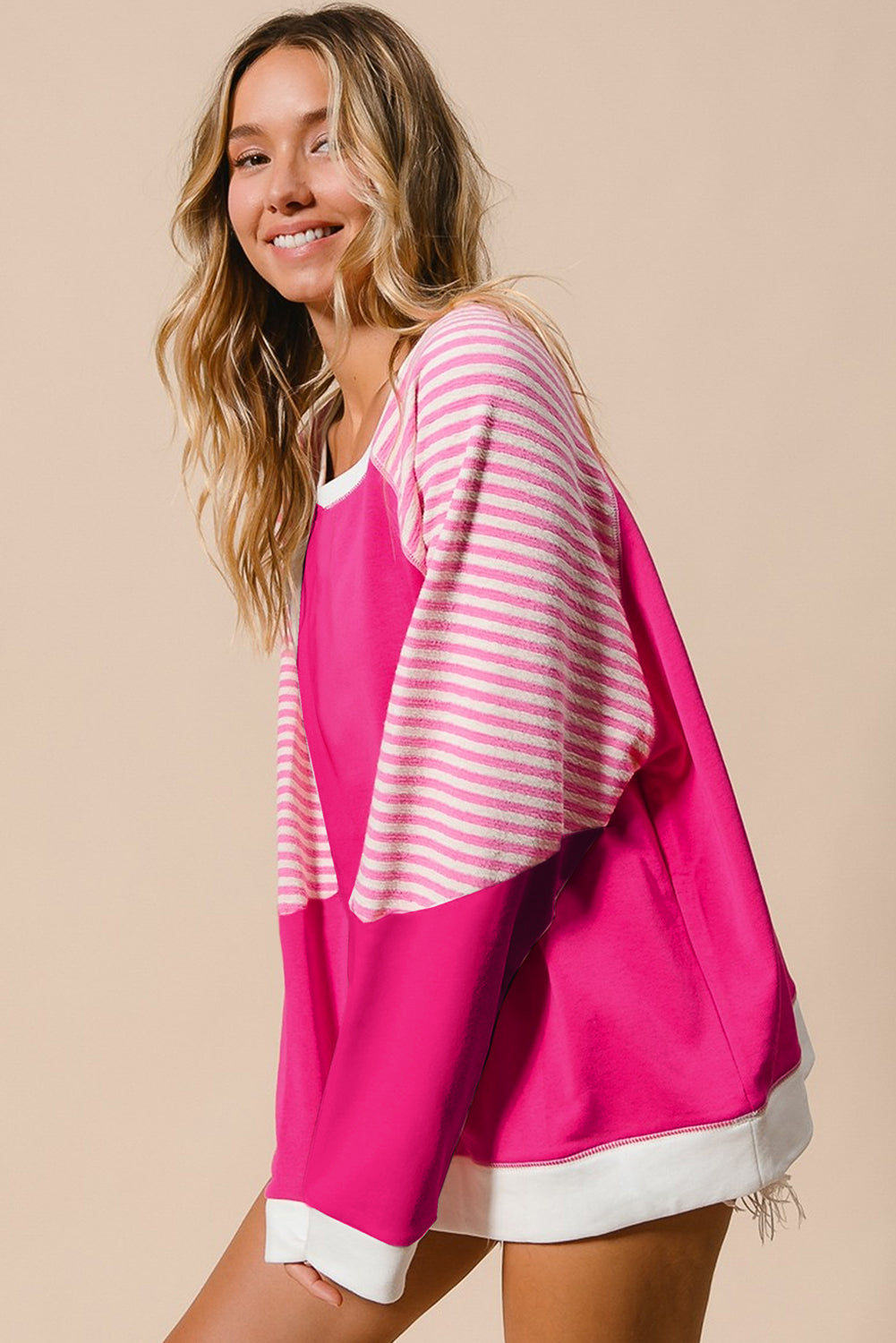 Strawberry Pink Striped Patchwork Crew Neck Raglan Sleeve Top-Tops/Long Sleeve Tops-[Adult]-[Female]-2022 Online Blue Zone Planet