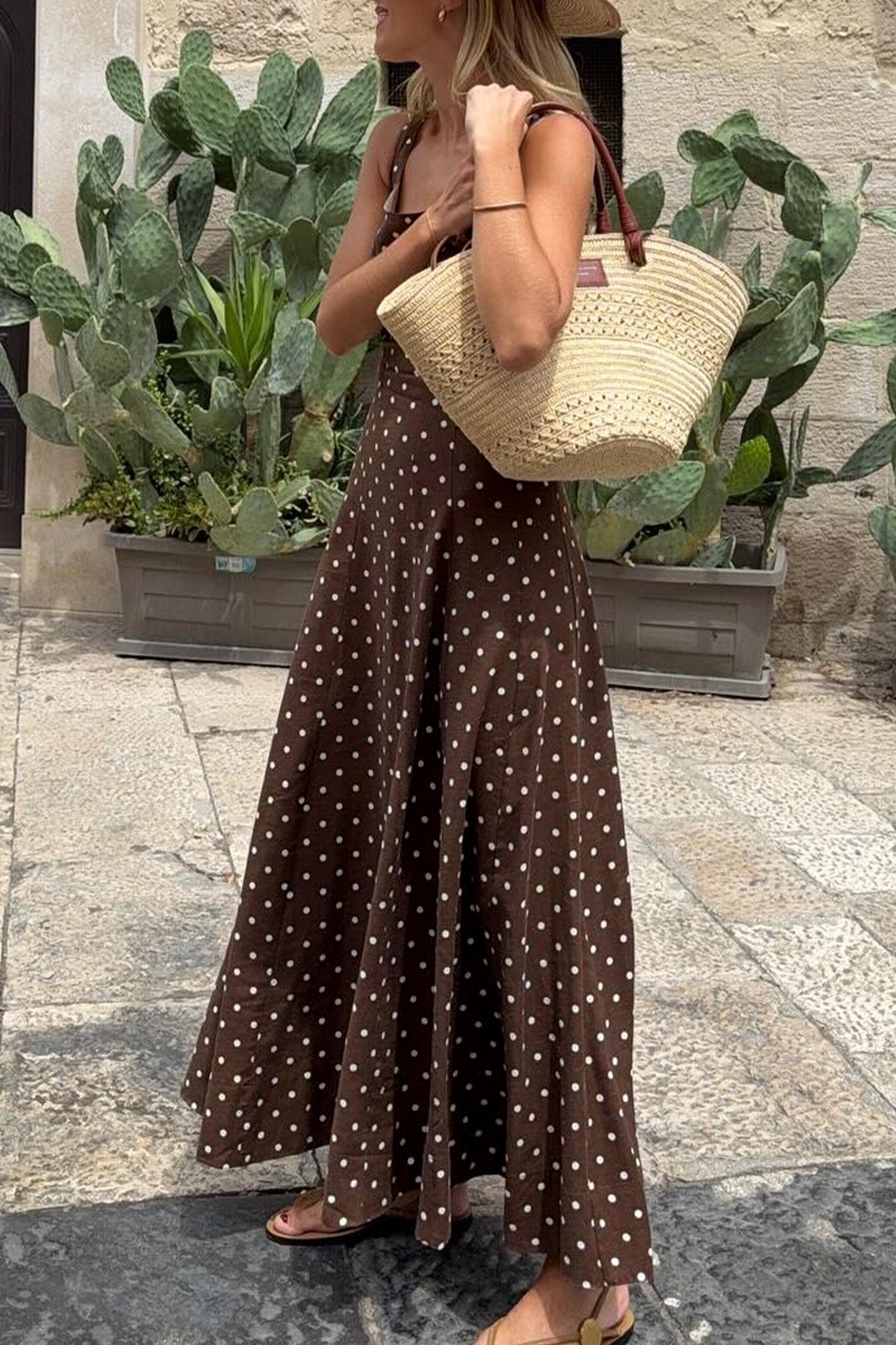 Brown Polka Dot Print Square Neck Sleeveless Vacation Long Dress-TOPS / DRESSES-[Adult]-[Female]-2022 Online Blue Zone Planet