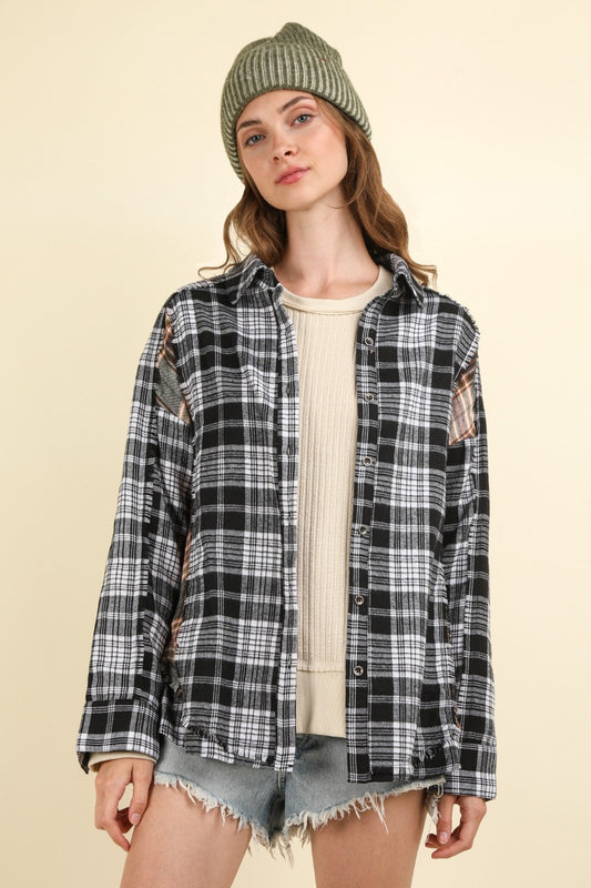 VERY J Contrast Plaid Raw Detail Shirt-TOPS / DRESSES-[Adult]-[Female]-Black-S-2022 Online Blue Zone Planet