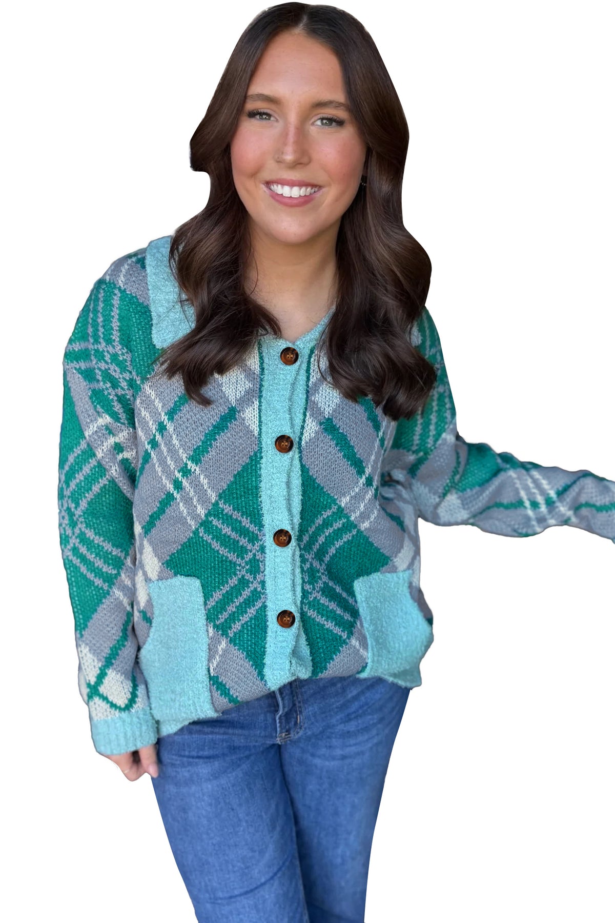 Green Plaid V Neck Long Sleeve Shift Cardigan Sweater-TOPS / DRESSES-[Adult]-[Female]-2022 Online Blue Zone Planet