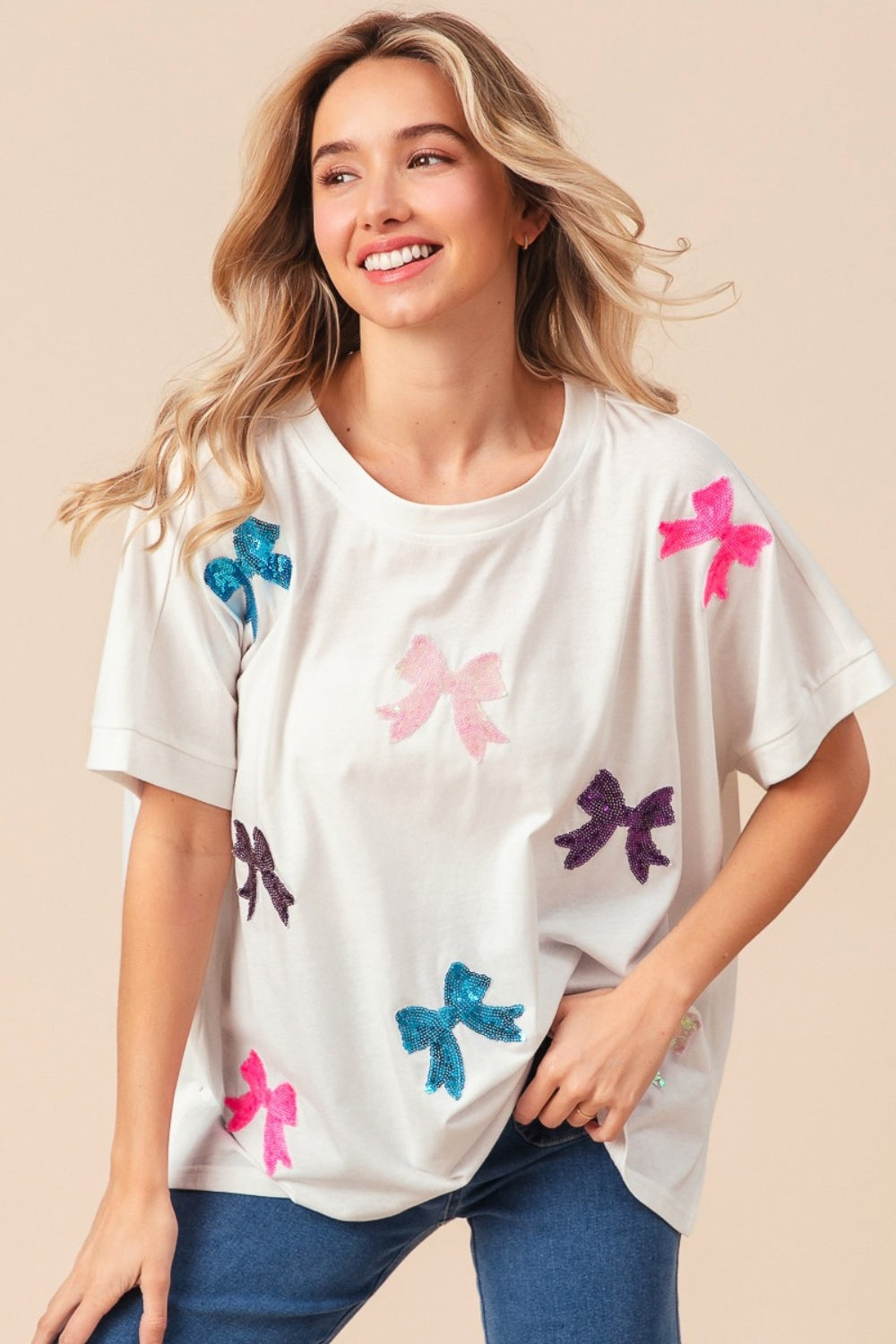 Blue Zone Planet | BiBi Sequin Bow Patch Short Sleeve T-Shirt-TOPS / DRESSES-[Adult]-[Female]-Off White-S-2022 Online Blue Zone Planet