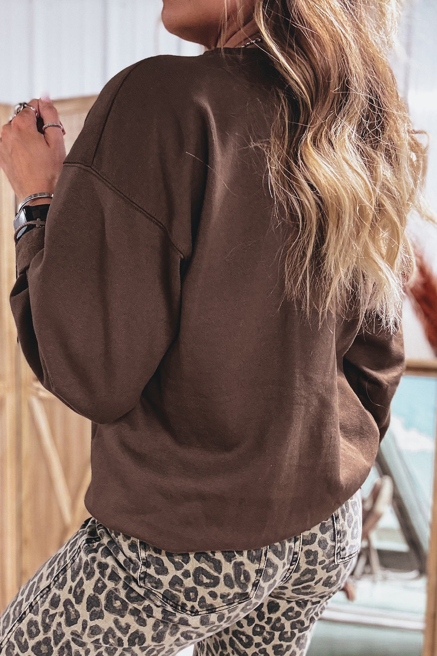Coffee Floral Buffalo Plaid Striped Embroidered Patch Western Pullover Sweatshirt-Tops/Sweatshirts & Hoodies-[Adult]-[Female]-2022 Online Blue Zone Planet