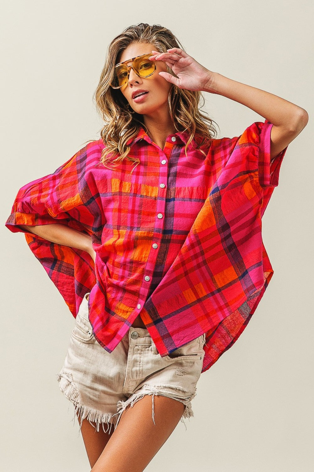 BiBi Button Up Dolman Sleeve Plaid Shirt-TOPS / DRESSES-[Adult]-[Female]-2022 Online Blue Zone Planet