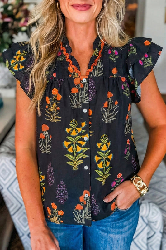 Black Floral Print Lace Trim Frilled V Neck Short Sleeve Shirt-Tops/Blouses & Shirts-[Adult]-[Female]-Black-S-2022 Online Blue Zone Planet