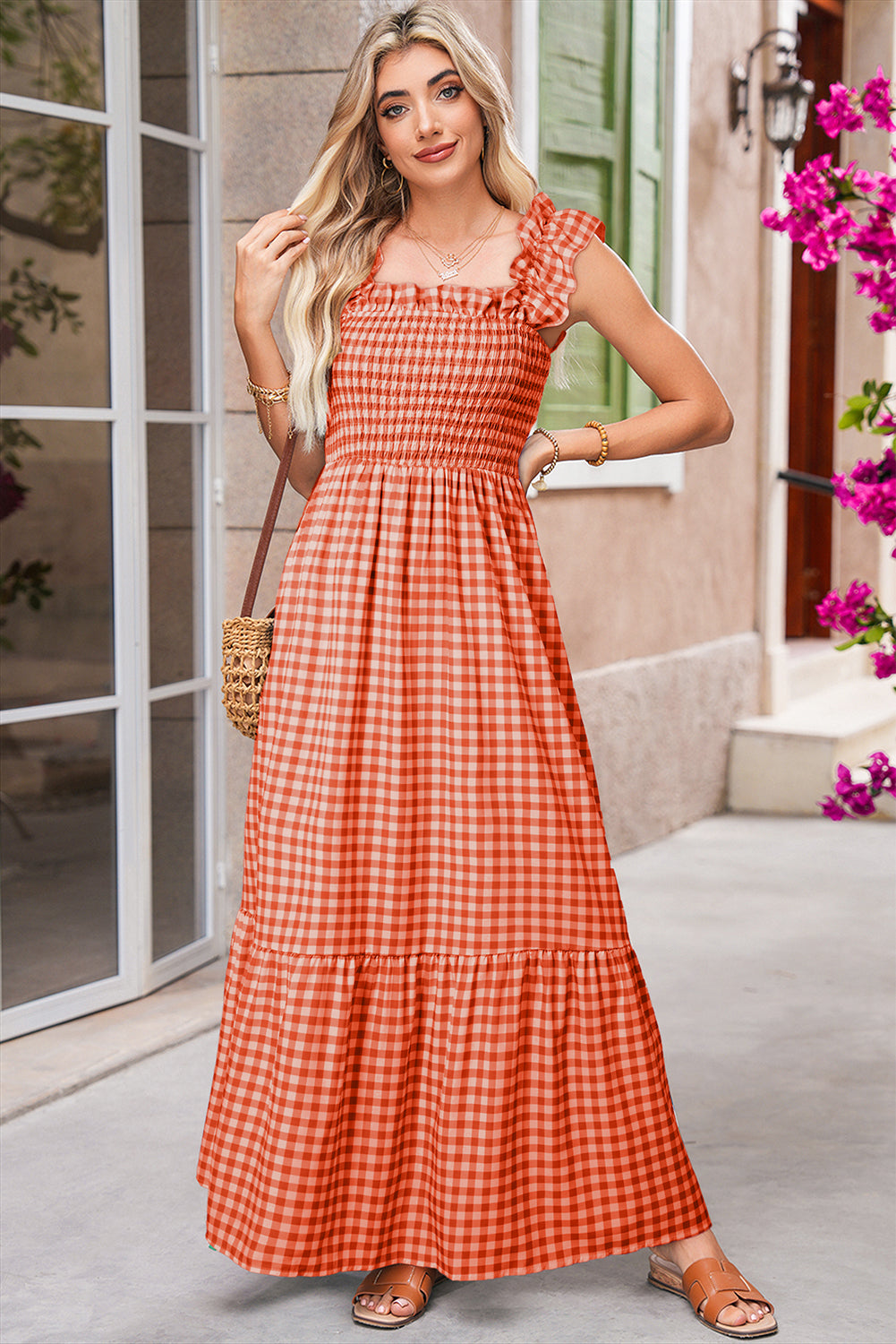 Red Plaid Square Neck Sleeveless Maxi Dress-Maxi Dresses-[Adult]-[Female]-2022 Online Blue Zone Planet