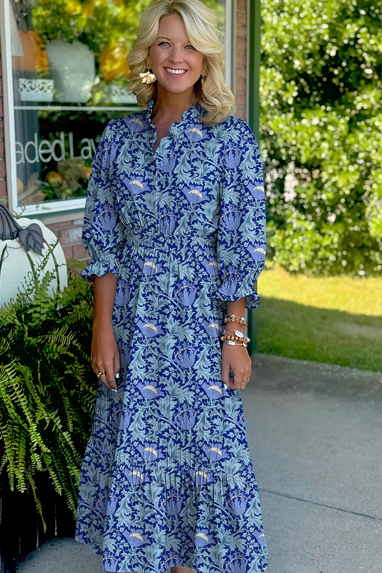 Brown Floral Printed Frilled V Neck Bracelet Sleeve Long Dress-Bracelet-[Adult]-[Female]-2022 Online Blue Zone Planet