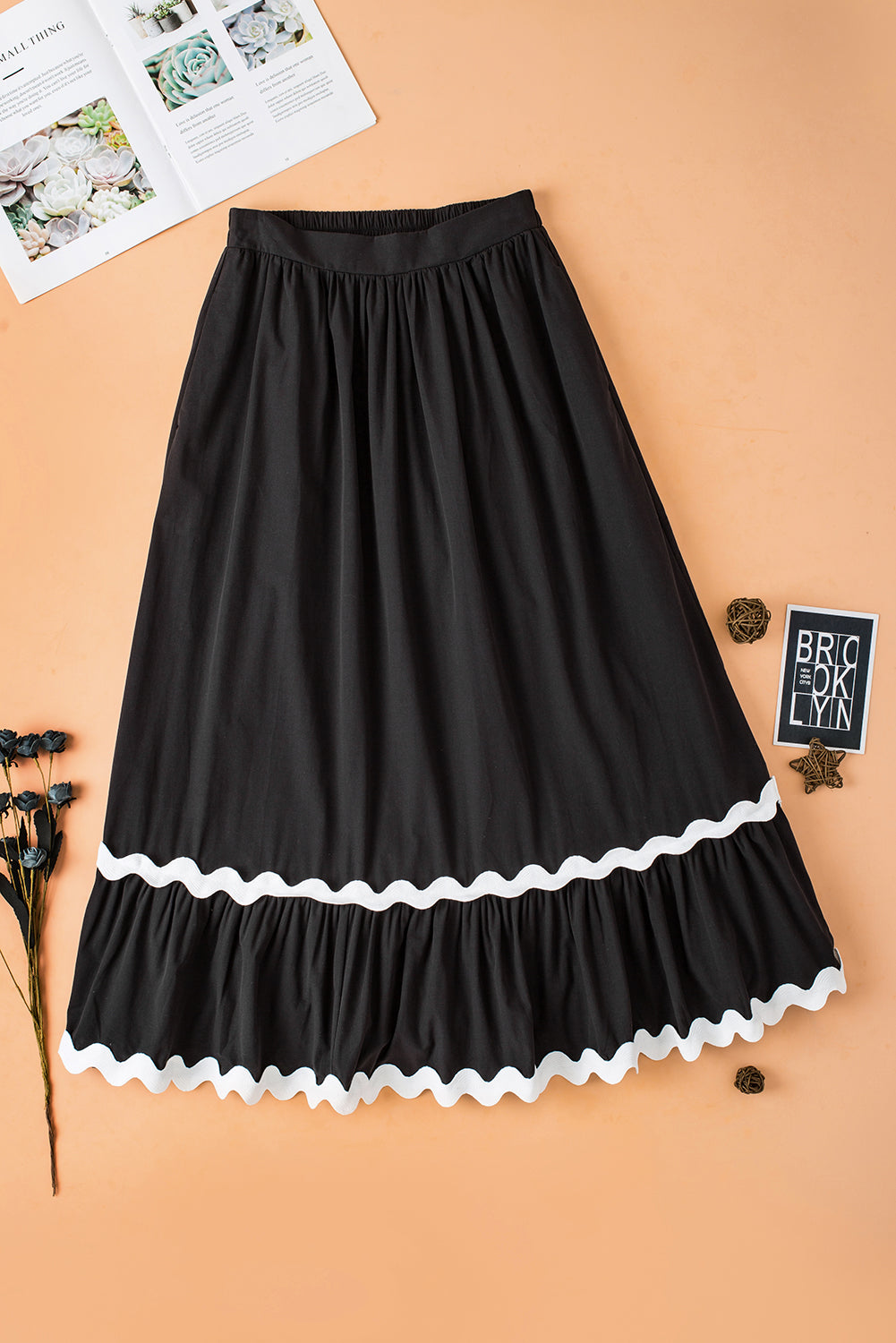 Black Ricrac Trim Colorblock High Waist Long Skirt-Bottoms/Skirts & Petticoat-[Adult]-[Female]-2022 Online Blue Zone Planet