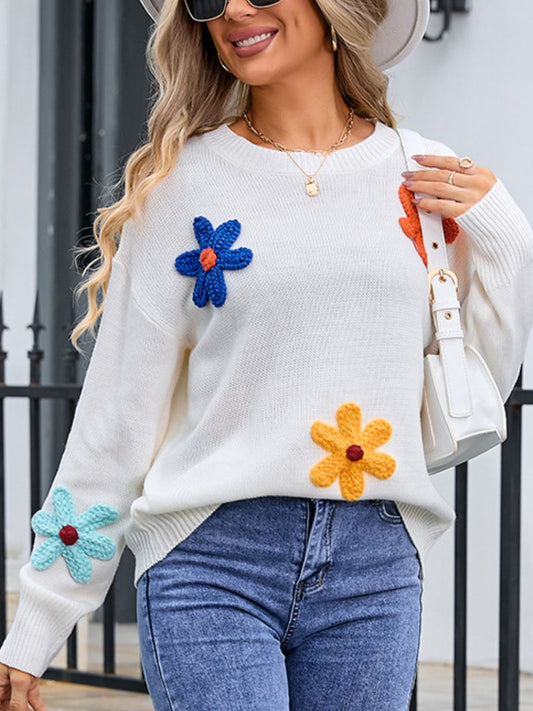 Crochet Flower Round Neck Sweater-TOPS / DRESSES-[Adult]-[Female]-White-S-2022 Online Blue Zone Planet