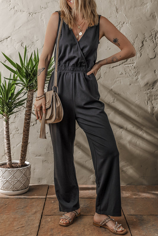Black Wrap V Neck Sleeveless High Waist Jumpsuit-Bottoms/Jumpsuits & Rompers-[Adult]-[Female]-Black-S-2022 Online Blue Zone Planet