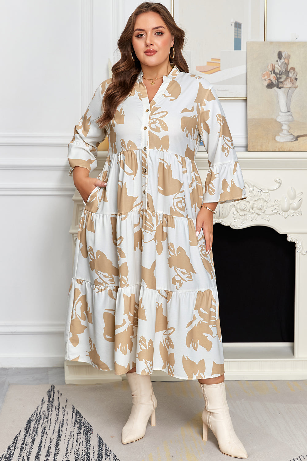 Khaki Patterned Ruffled Sleeve Half Placket Tiered A-line Plus Size Long Dress-TOPS / DRESSES-[Adult]-[Female]-2022 Online Blue Zone Planet