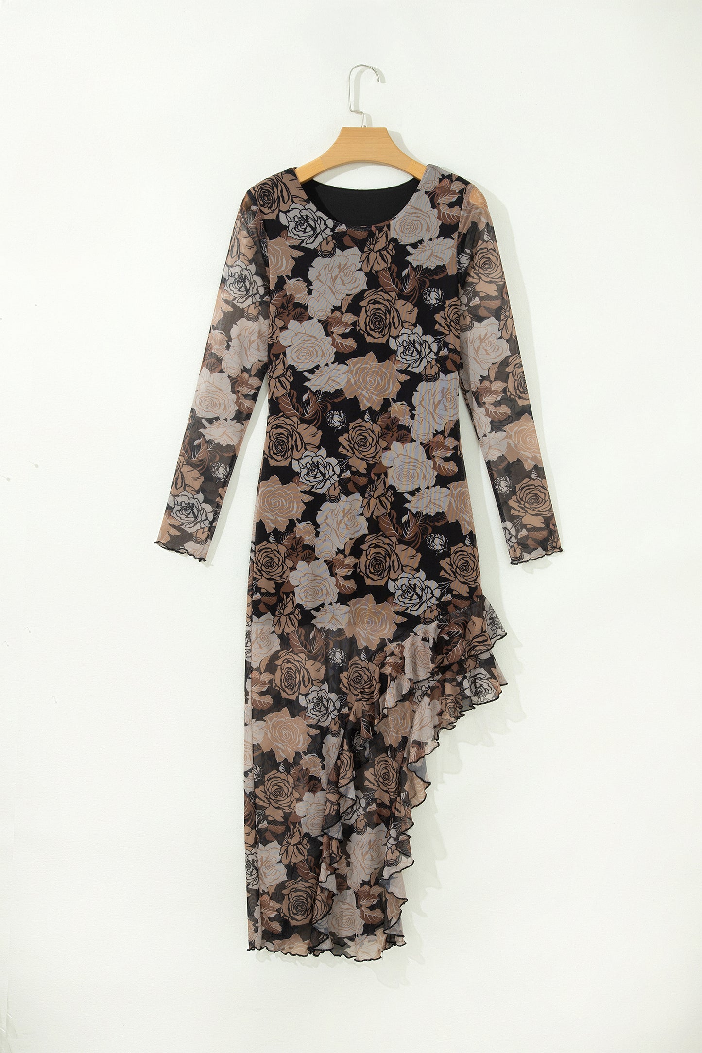Black Floral Long Sleeve Asymmetric Ruffle Split Hem Mesh Dress-TOPS / DRESSES-[Adult]-[Female]-2022 Online Blue Zone Planet