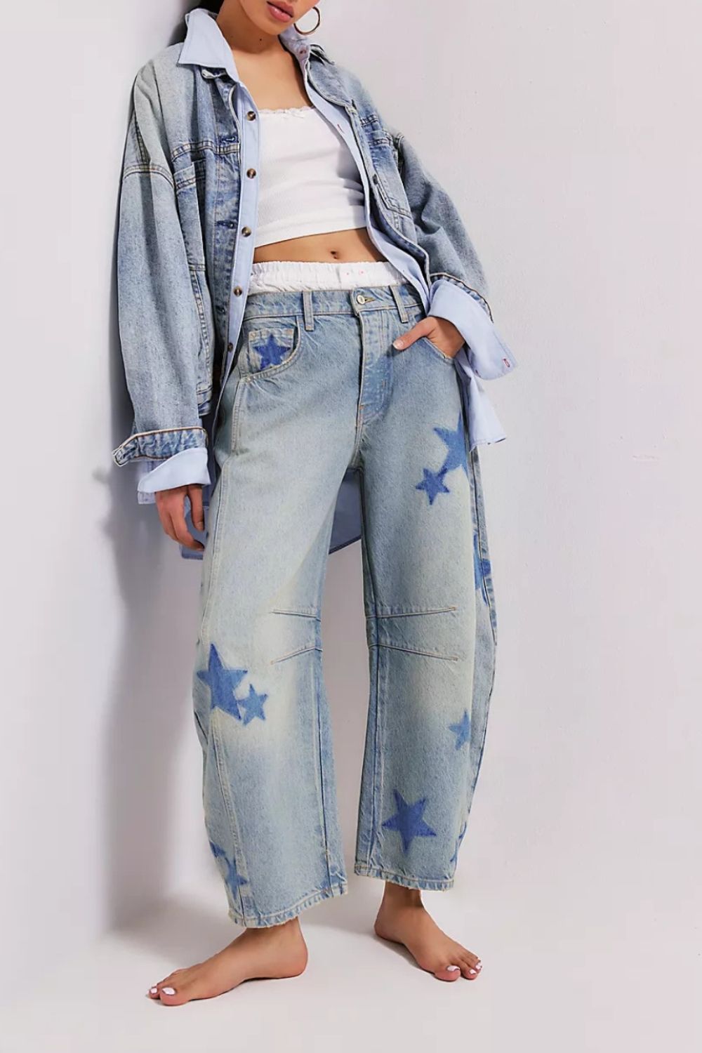 Contrast Star Wide Leg Jeans-BOTTOM SIZES SMALL MEDIUM LARGE-[Adult]-[Female]-2022 Online Blue Zone Planet