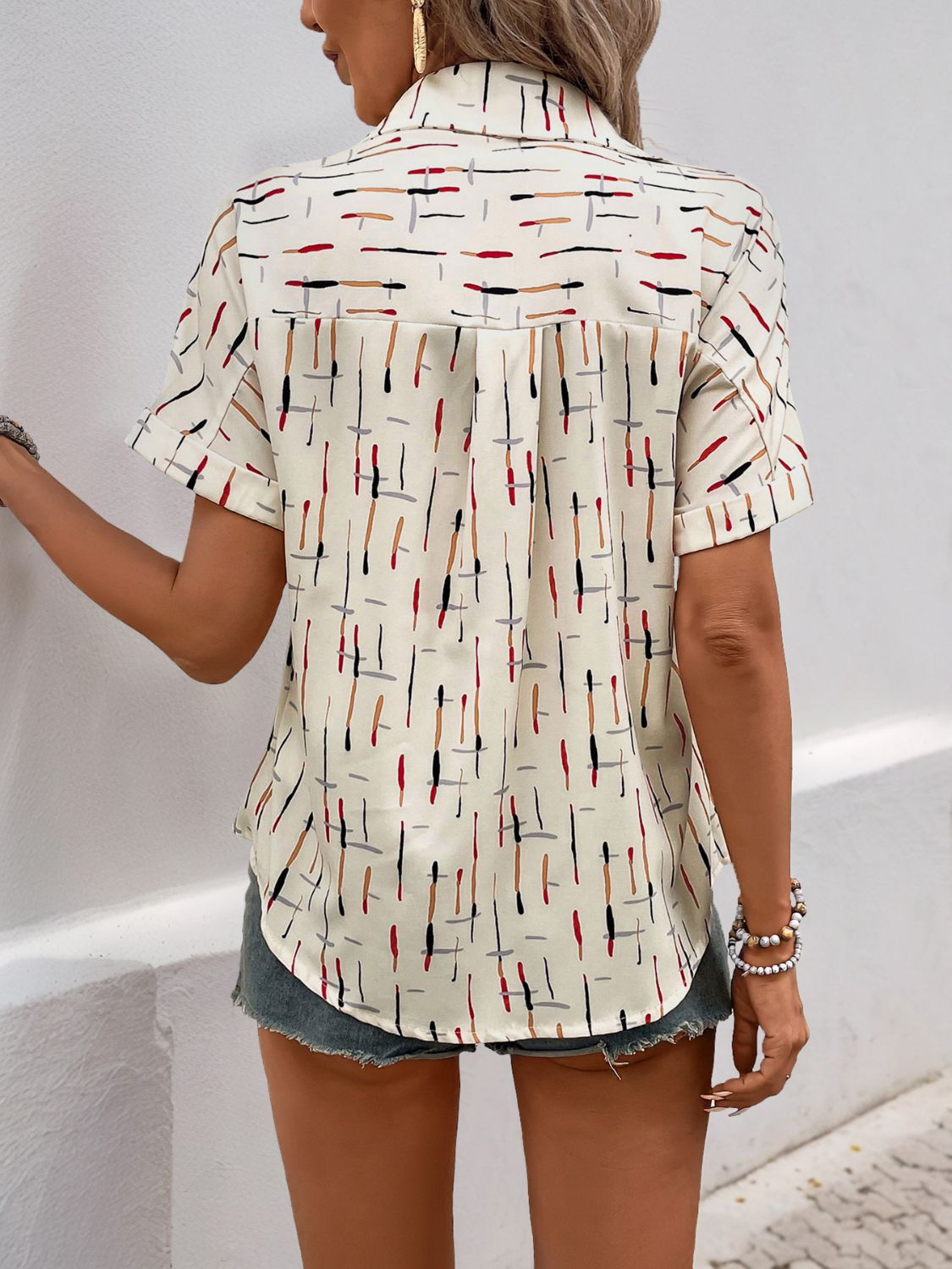 Perfee Printed Collared Neck Short Sleeve Shirt-TOPS / DRESSES-[Adult]-[Female]-2022 Online Blue Zone Planet