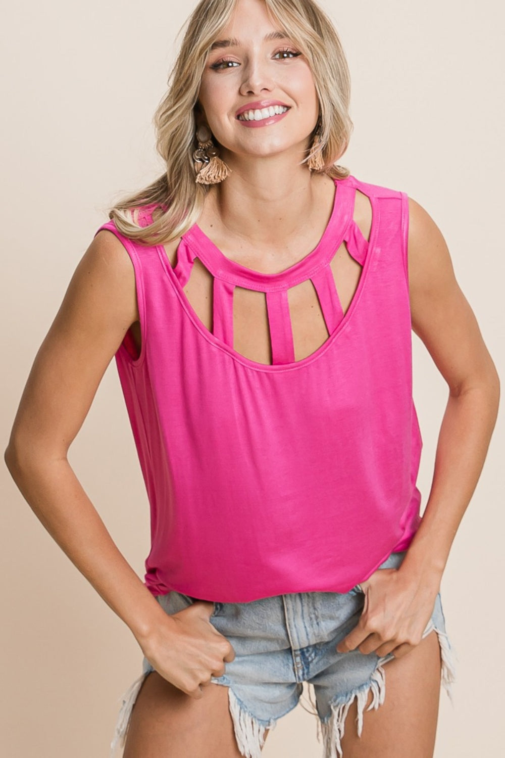 BiBi Cutout Round Neck Sleeveless Top-TOPS / DRESSES-[Adult]-[Female]-Fuchsia-S-2022 Online Blue Zone Planet