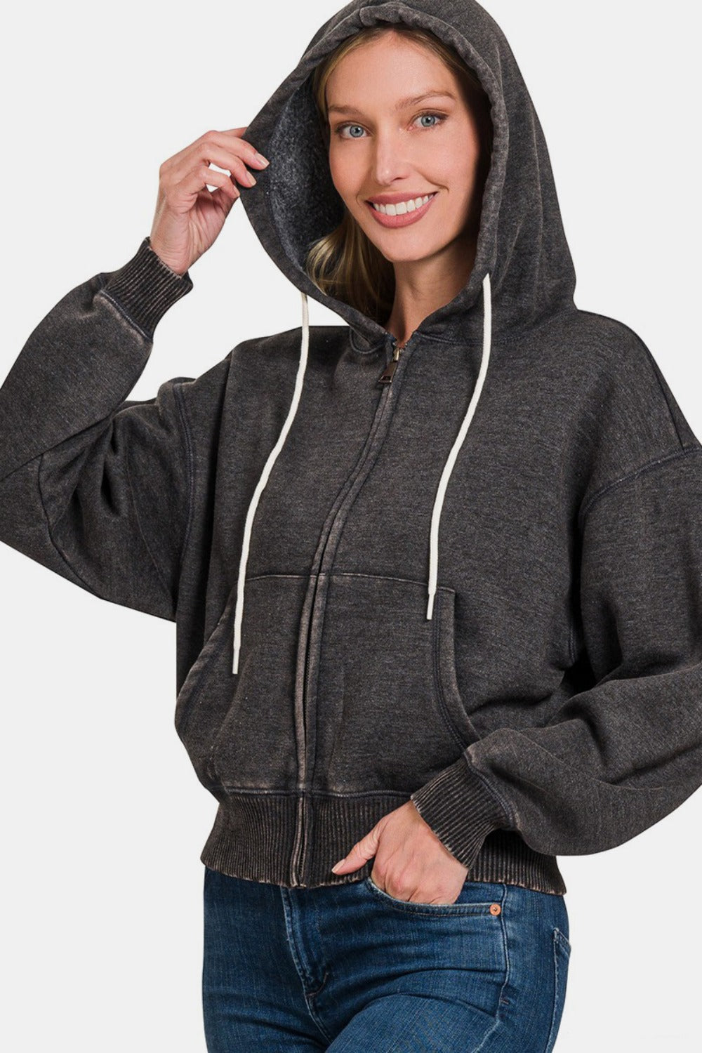 Blue Zone Planet | Zenana Acid Wash Fleece Zip-Up Cropped Hoodie-TOPS / DRESSES-[Adult]-[Female]-2022 Online Blue Zone Planet