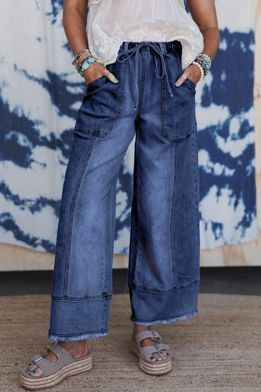 Prussian Blue Drawstring Seam Detail Raw Hem Wide Leg Denim Pants-Bottoms/Jeans-[Adult]-[Female]-2022 Online Blue Zone Planet