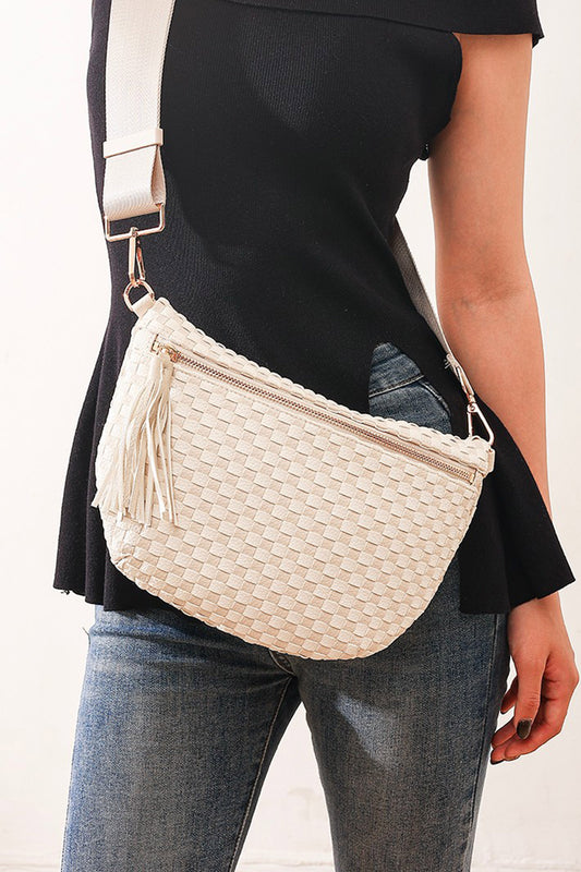White Checkered Woven PU Leather Crossbody Bag Adjustable Strap Large Size-Shoes & Bags/Crossbody Bags-[Adult]-[Female]-White-ONE SIZE-2022 Online Blue Zone Planet