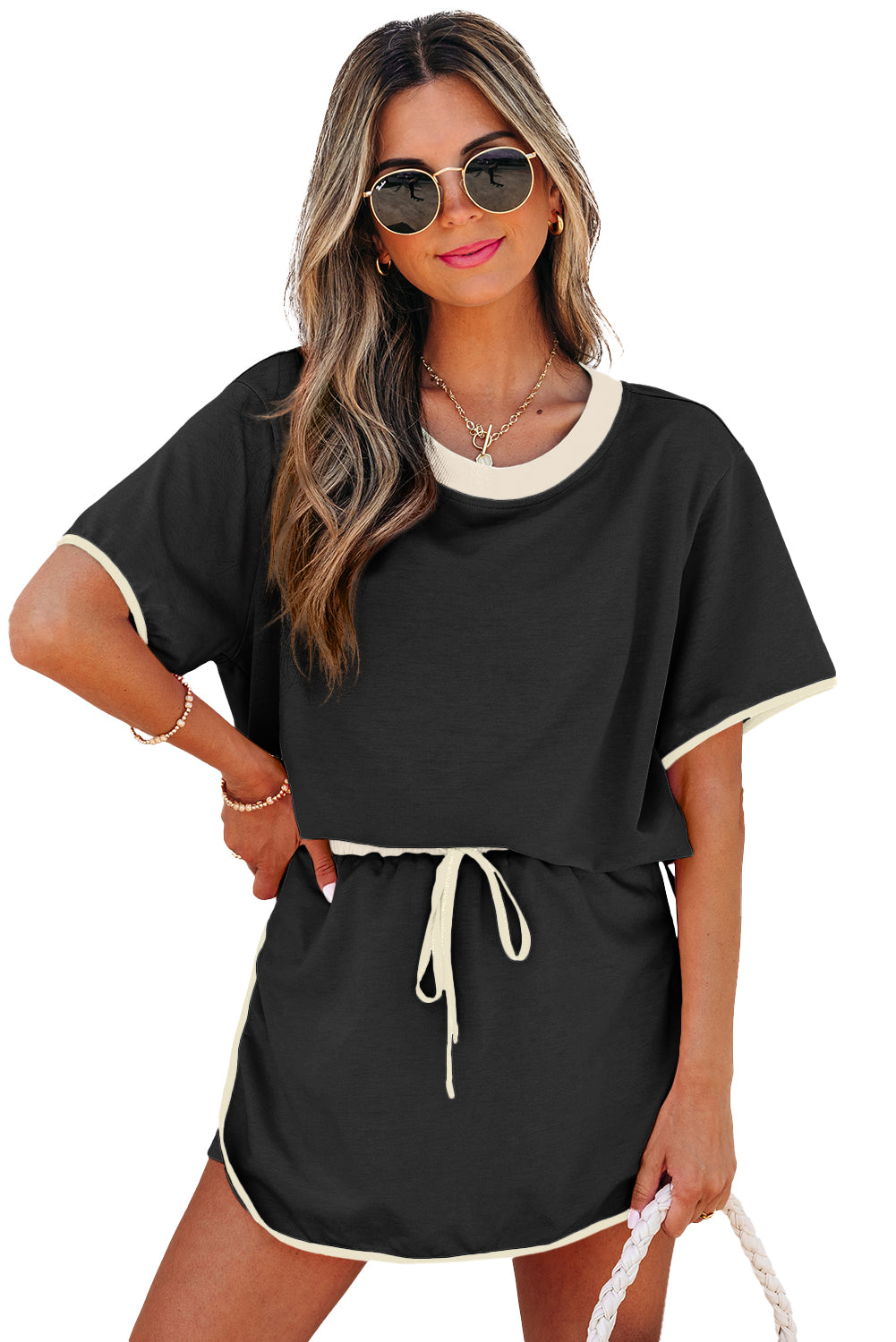 Black Colorblock Edge Drop Shoulder T Shirt and Skort 2Pcs Set-Two Piece Sets/Two Piece Dresses-[Adult]-[Female]-2022 Online Blue Zone Planet