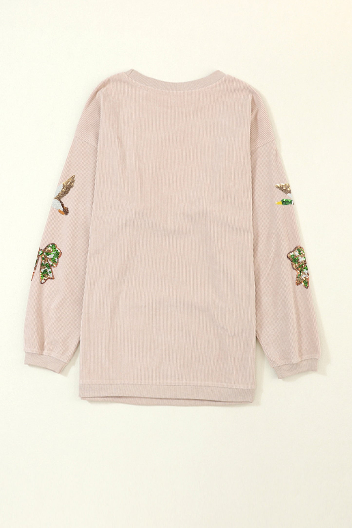 Apricot Twisted Rib Sequin Patched Mallard Bow Pattern Oversized Sweatshirt-Graphic/Graphic Sweatshirts-[Adult]-[Female]-2022 Online Blue Zone Planet