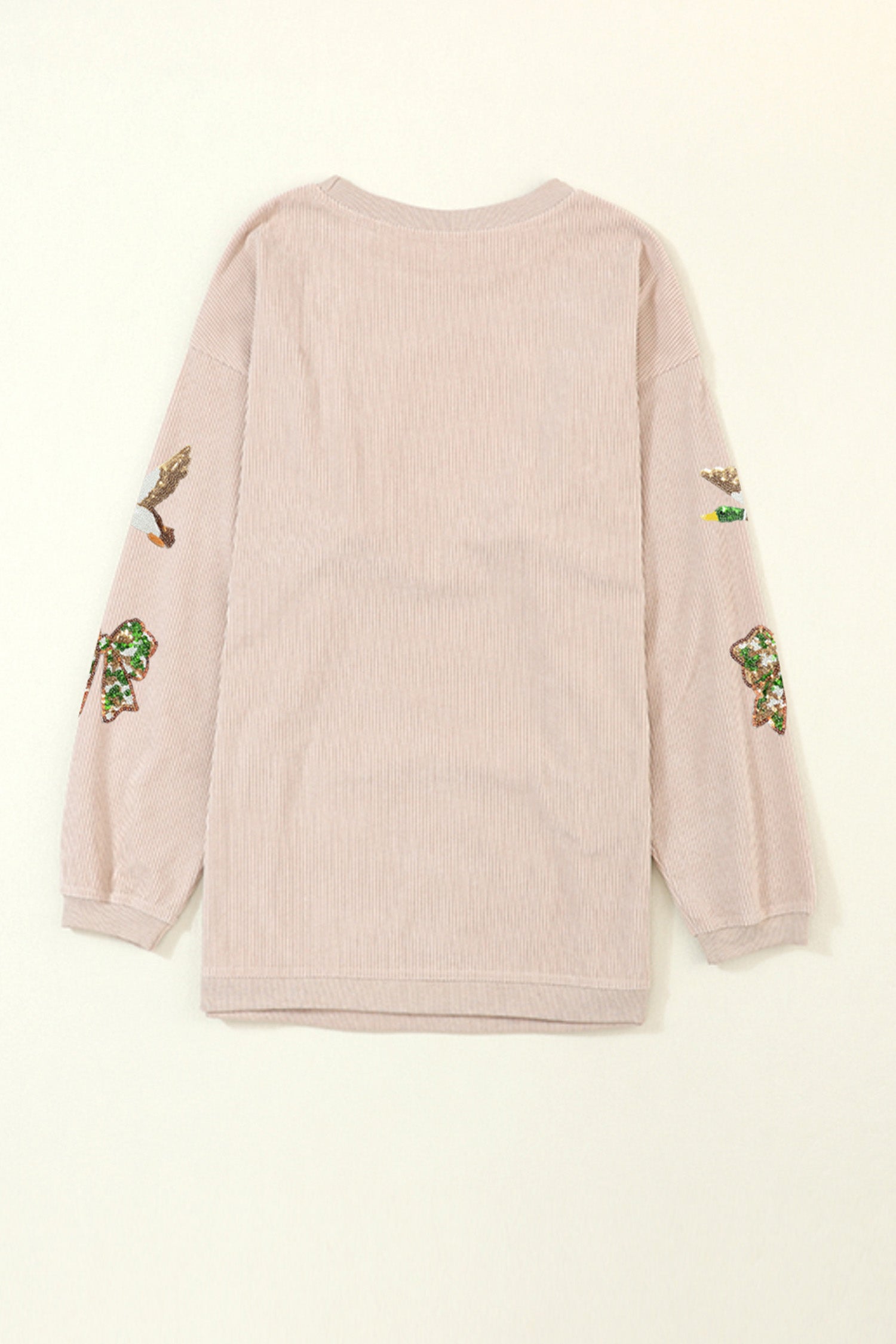 Apricot Twisted Rib Sequin Patched Mallard Bow Pattern Oversized Sweatshirt-Graphic/Graphic Sweatshirts-[Adult]-[Female]-2022 Online Blue Zone Planet