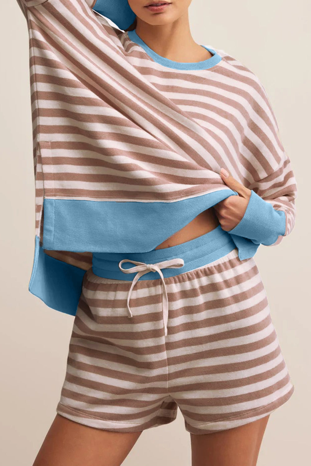 Khaki Stripe Contrast Edge Drop Shoulder Pullover and Shorts Plus Size Set-Plus Size/Plus Size Loungewear-[Adult]-[Female]-2022 Online Blue Zone Planet