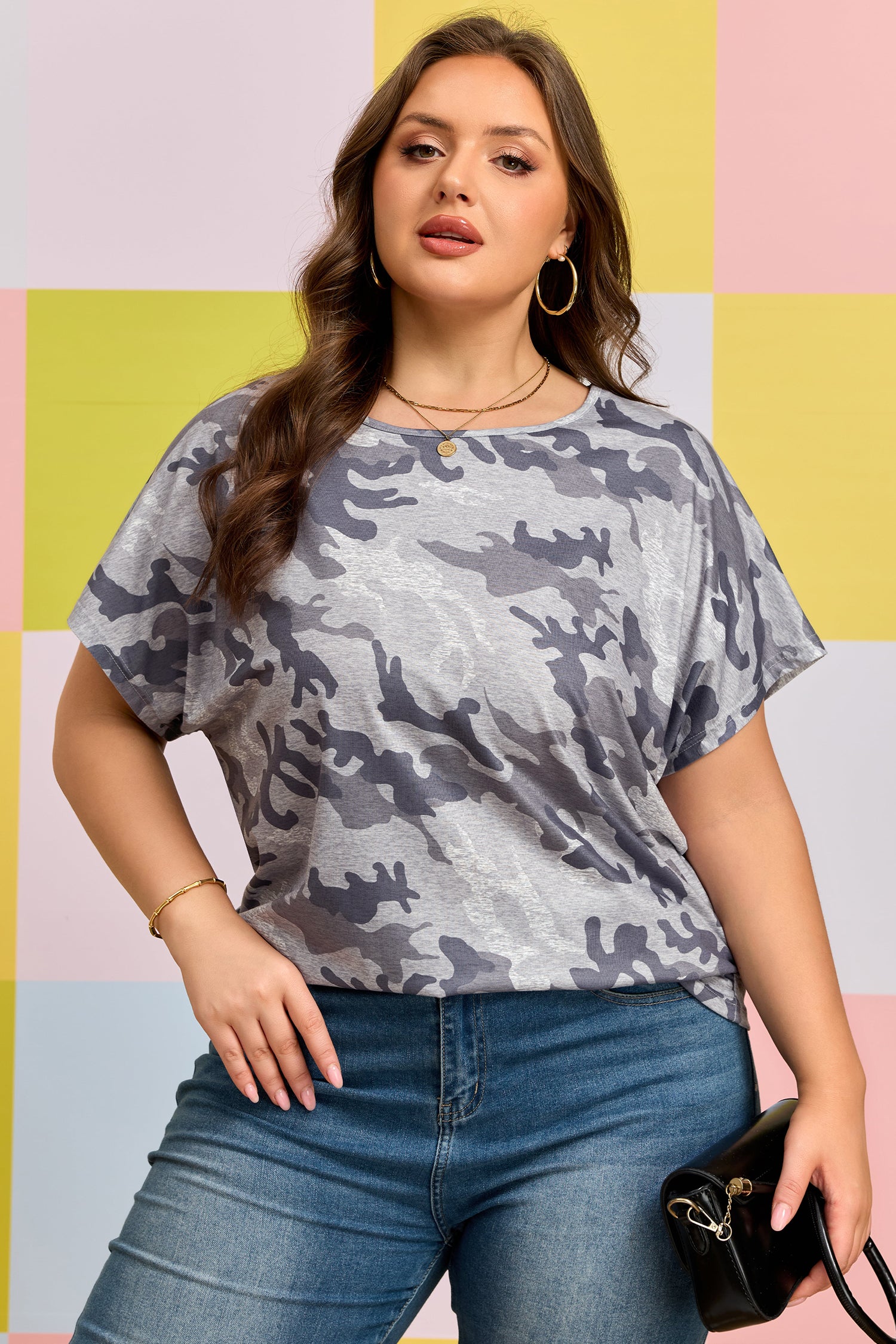 Gray Plus Size Camo Print Casual T Shirt-Plus Size/Plus Size Tops/Plus Size Tops & Tees-[Adult]-[Female]-2022 Online Blue Zone Planet