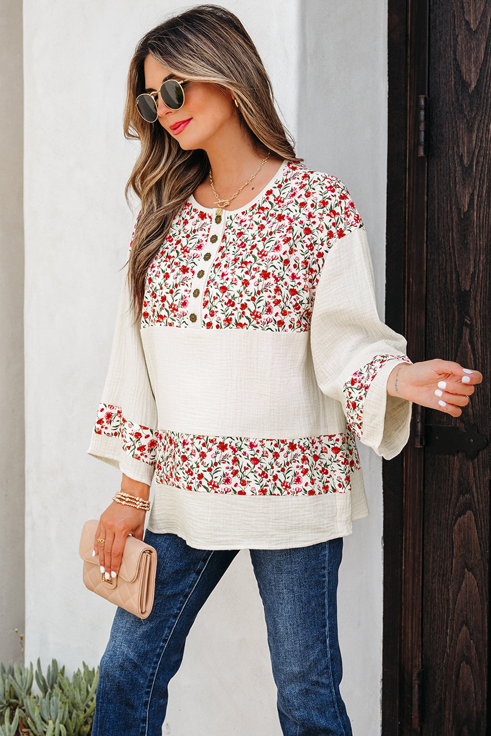 Red Floral Print Gauze Patchwork Henley Button 3/4 Sleeve Blouse-Tops/Blouses & Shirts-[Adult]-[Female]-2022 Online Blue Zone Planet