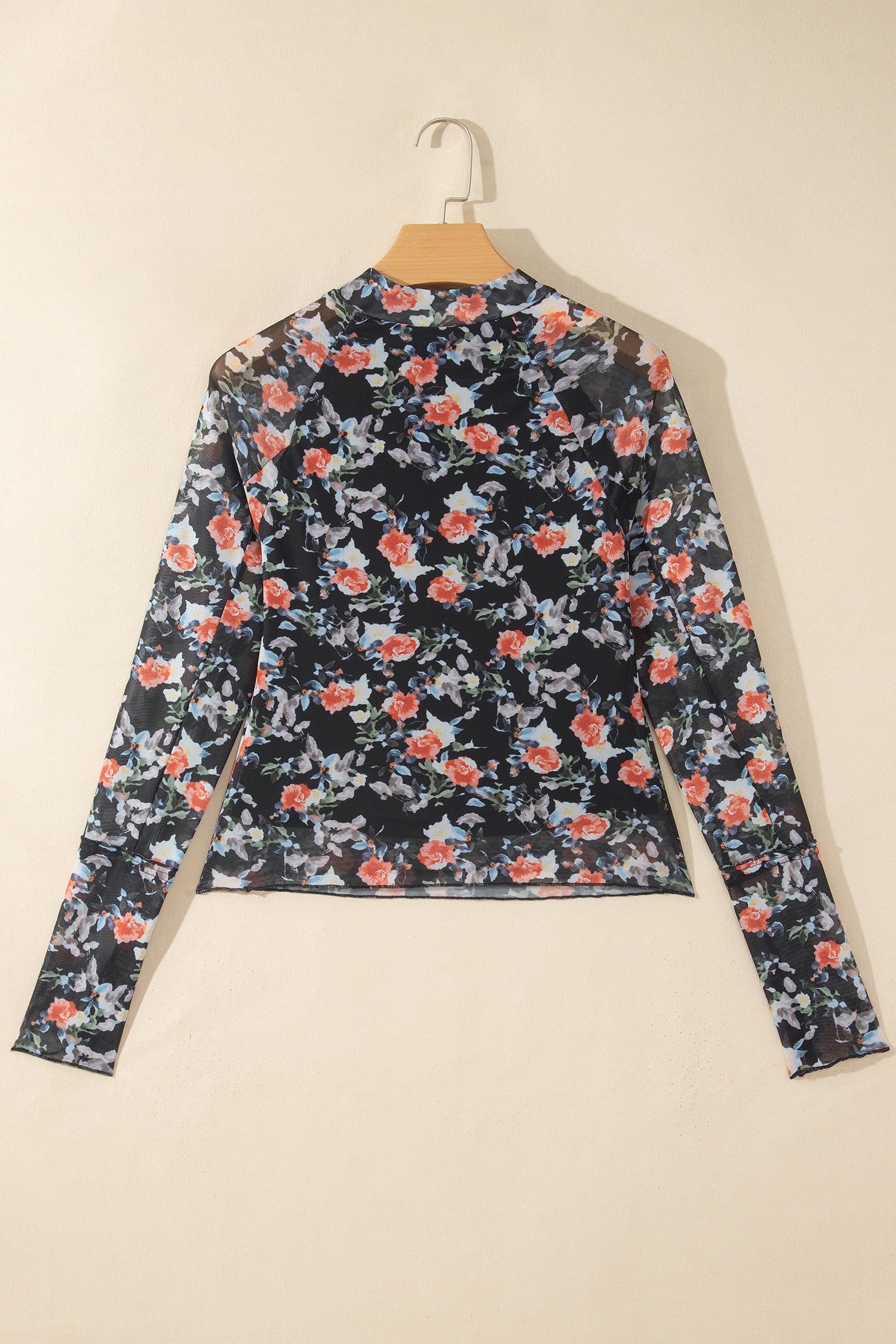 Black Floral Print Mesh Thumb Hole Long Sleeve Mock Neck Pullover Top-Pre Order/Pre Order Tops-[Adult]-[Female]-2022 Online Blue Zone Planet