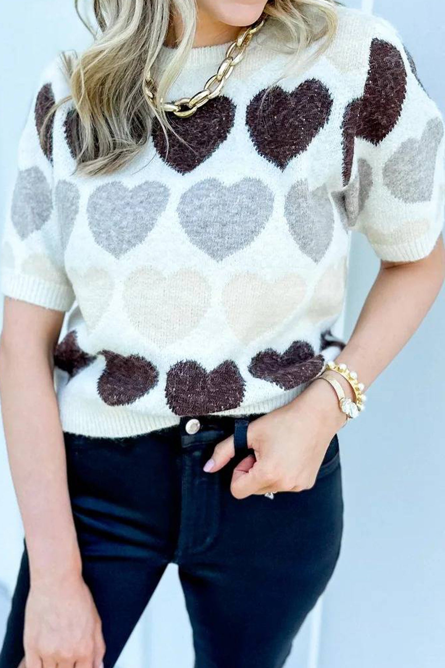 White Valentine Heart Short Sleeve Sweater-TOPS / DRESSES-[Adult]-[Female]-2022 Online Blue Zone Planet