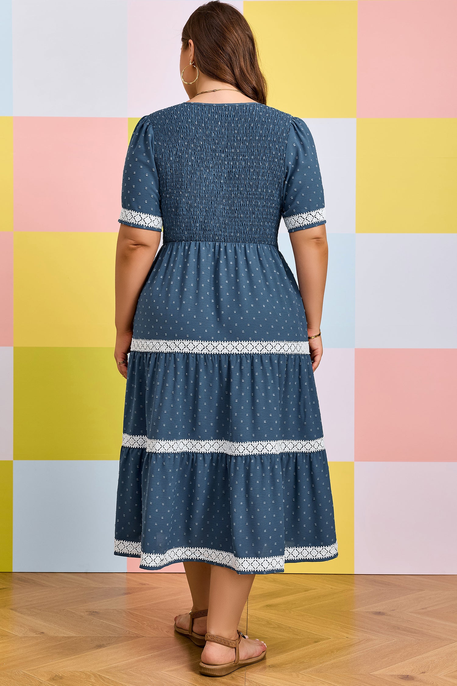 Dusk Blue Plus Size V Neck Swiss Dot Lace Patchwork Detail Flared Midi Dress-Plus Size/Plus Size Dresses/Plus Size Midi Dresses-[Adult]-[Female]-2022 Online Blue Zone Planet