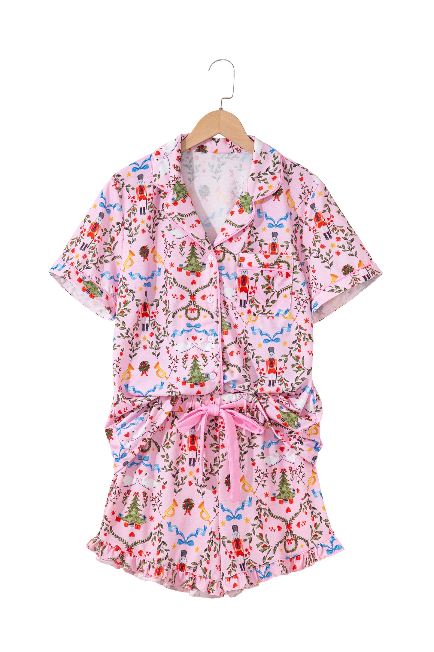 Pink Nutcracker Doll Christmas Print Ribbon Tie Waist Short 2pcs Pajama Set-Loungewear & Sleepwear/Sleepwear-[Adult]-[Female]-2022 Online Blue Zone Planet