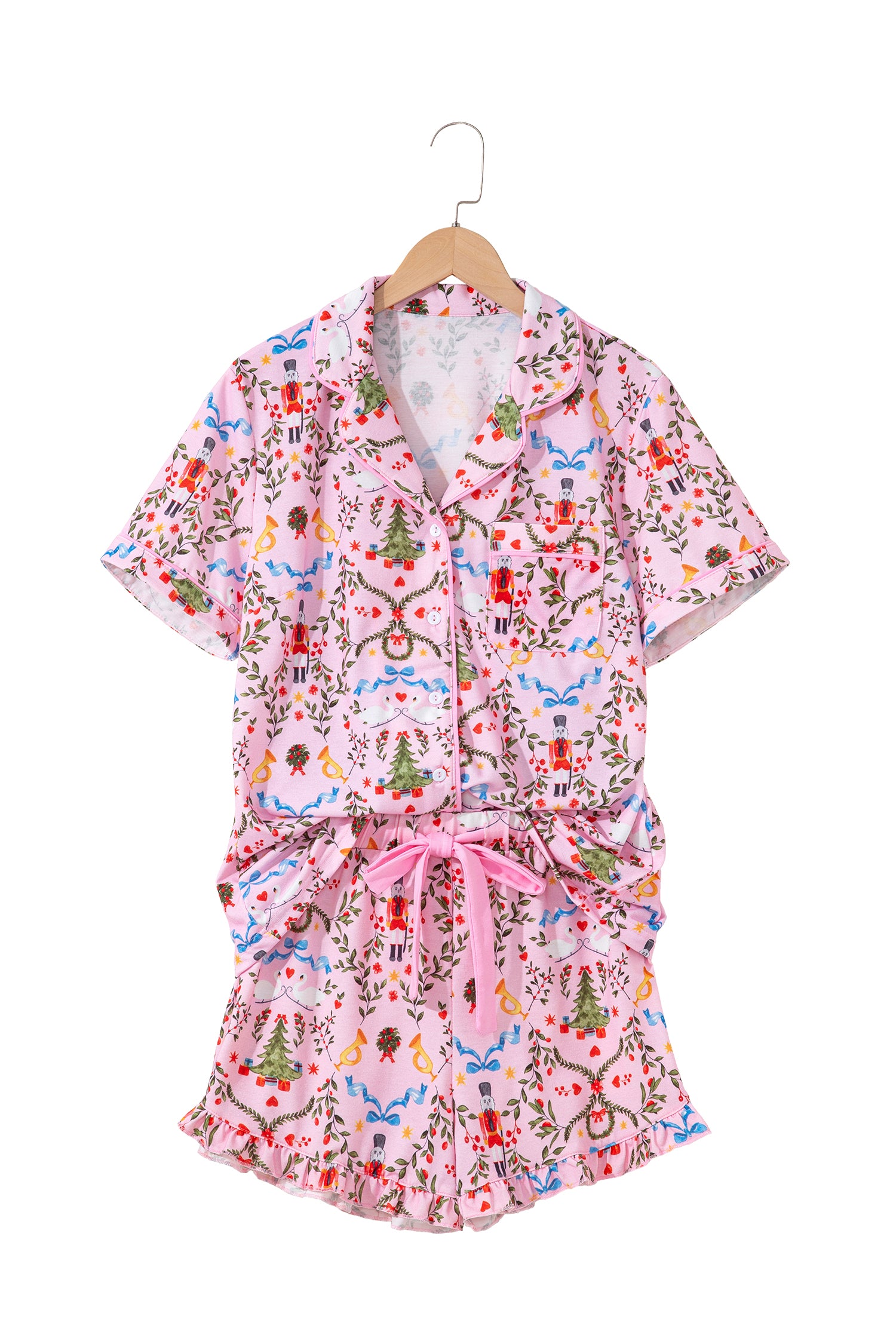 Pink Nutcracker Doll Christmas Print Ribbon Tie Waist Short 2pcs Pajama Set-Loungewear & Sleepwear/Sleepwear-[Adult]-[Female]-2022 Online Blue Zone Planet