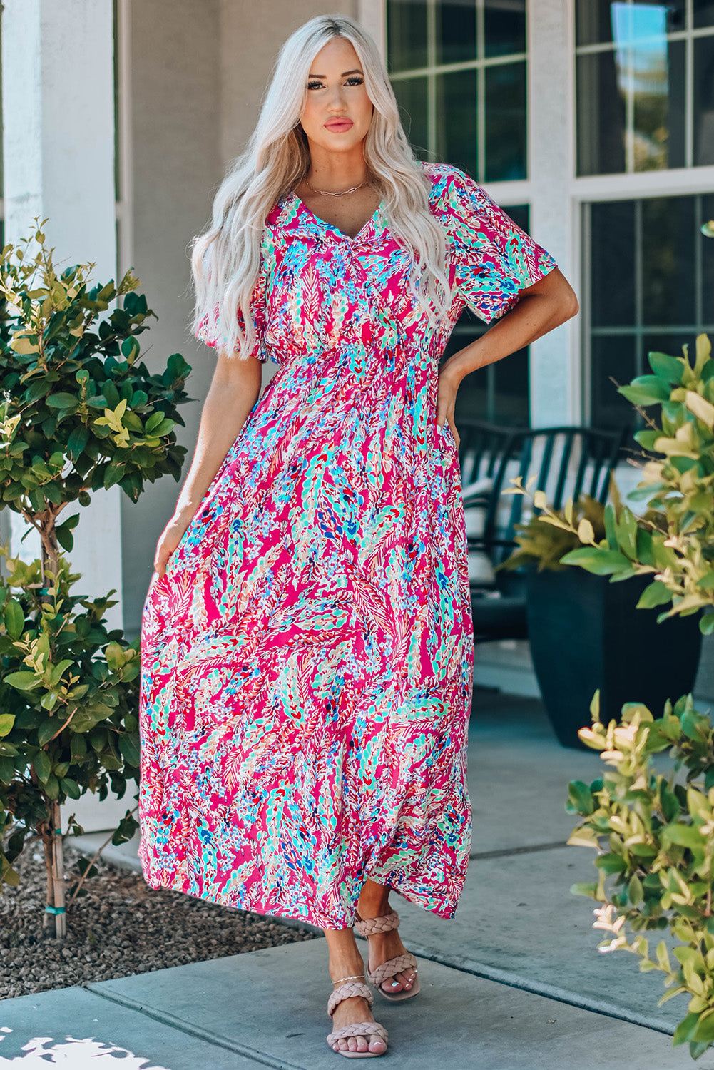 Green Wrap V Neck Floral Maxi Dress-Dresses/Floral Dresses-[Adult]-[Female]-Red-S-2022 Online Blue Zone Planet