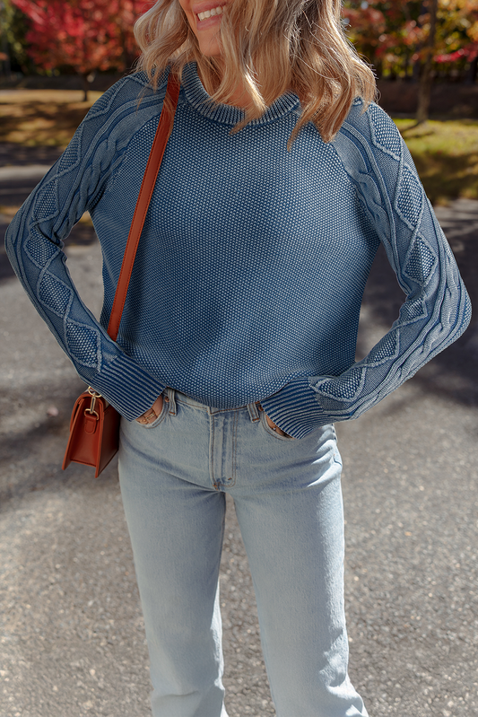 Ashleigh Blue Contrast Cable Knit Sleeve Casual Sweater-TOPS / DRESSES-[Adult]-[Female]-Ashleigh Blue-S-2022 Online Blue Zone Planet