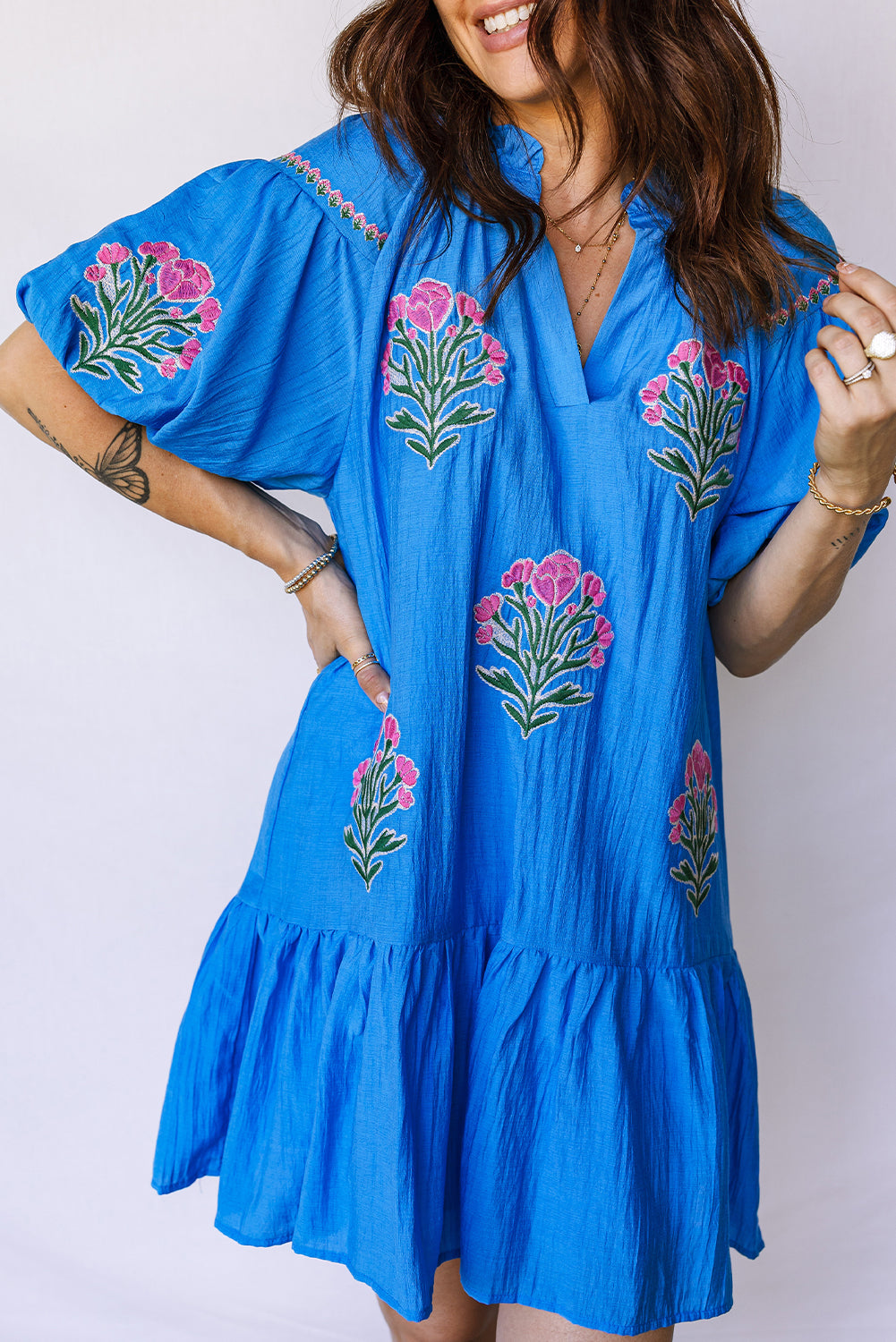 Blue Flower Embroidered Split Neck Short Puff Sleeve Ruffle Hem Dress-TOPS / DRESSES-[Adult]-[Female]-2022 Online Blue Zone Planet