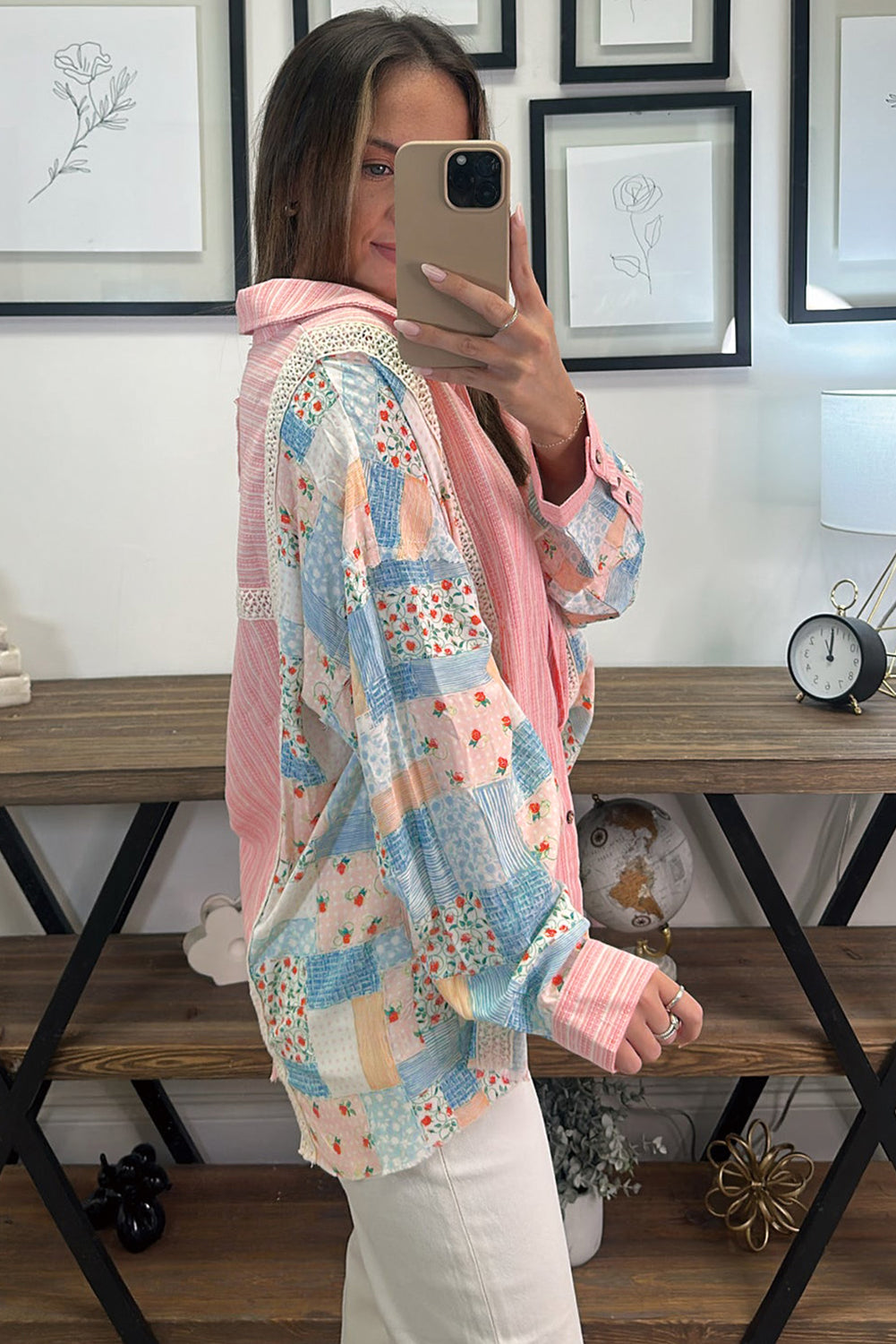 Pink Stripe Floral Patchwork Tunic Loose Fit Shirt-Tops/Blouses & Shirts-[Adult]-[Female]-2022 Online Blue Zone Planet